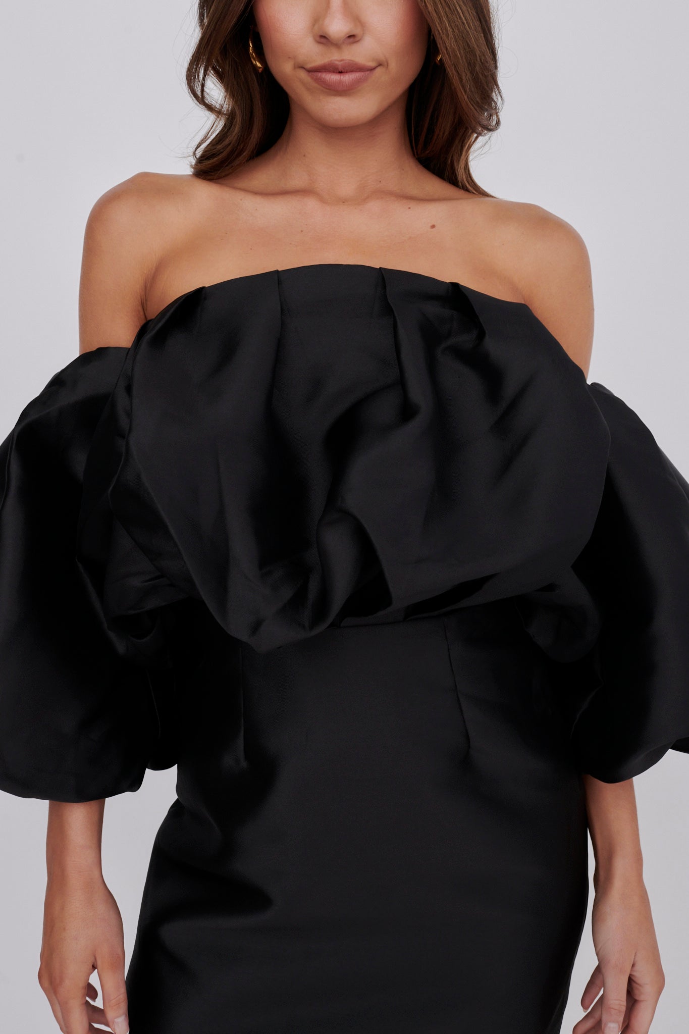 Dream Time Puffed Neckline Mini Dress Black-Fable Dress