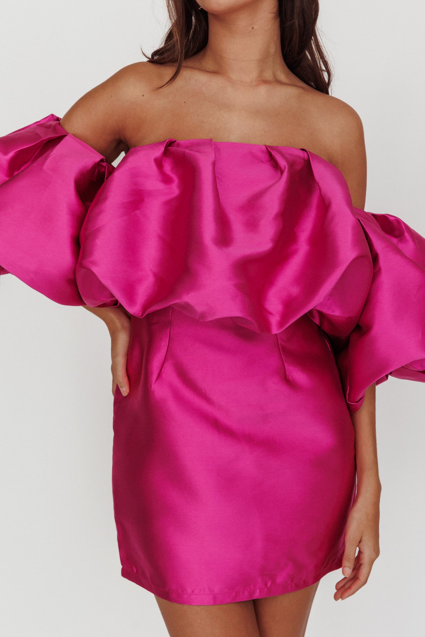 Dream Time Puffed Neckline Mini Dress Magenta-Fable Dress