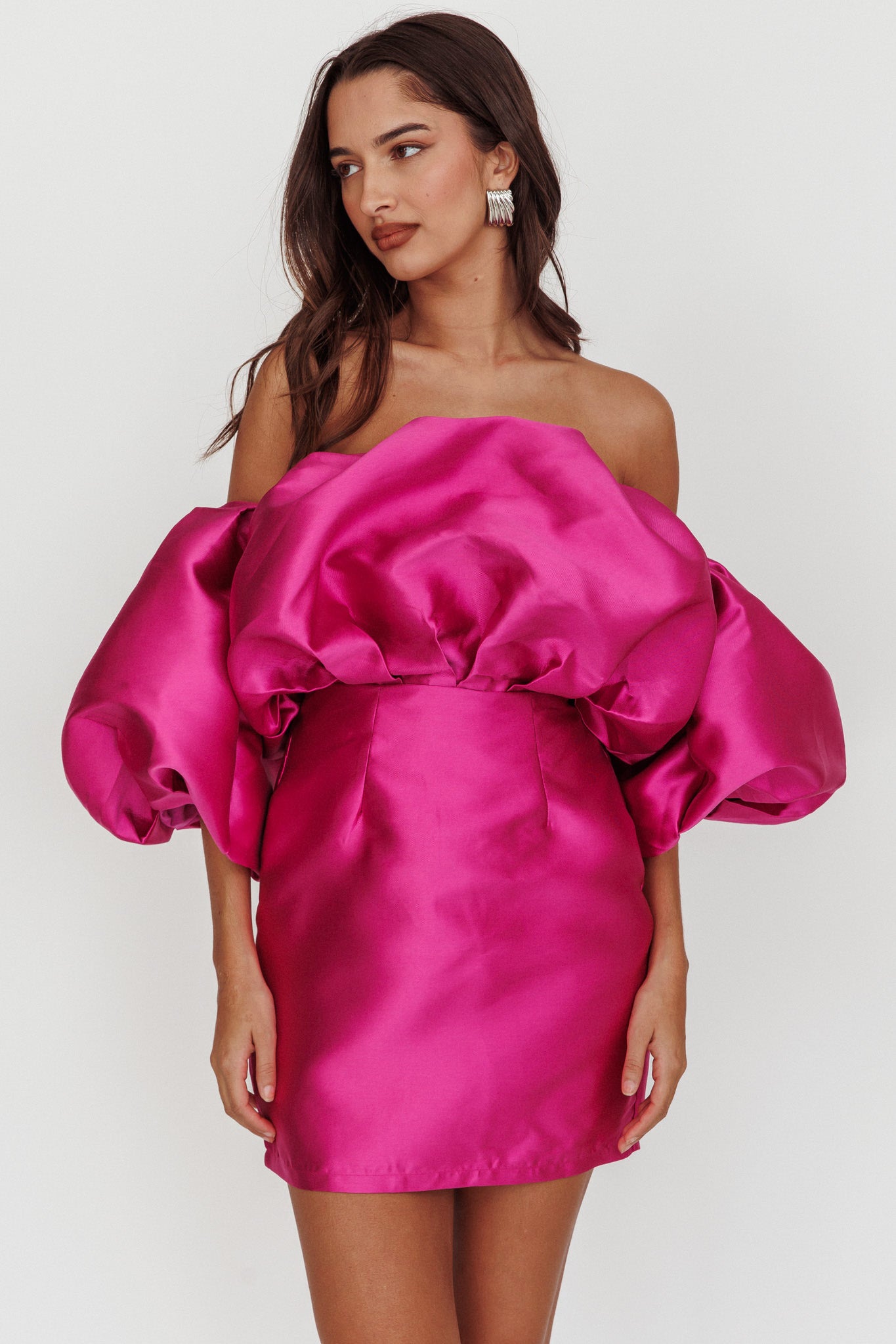 Dream Time Puffed Neckline Mini Dress Magenta-Fable Dress