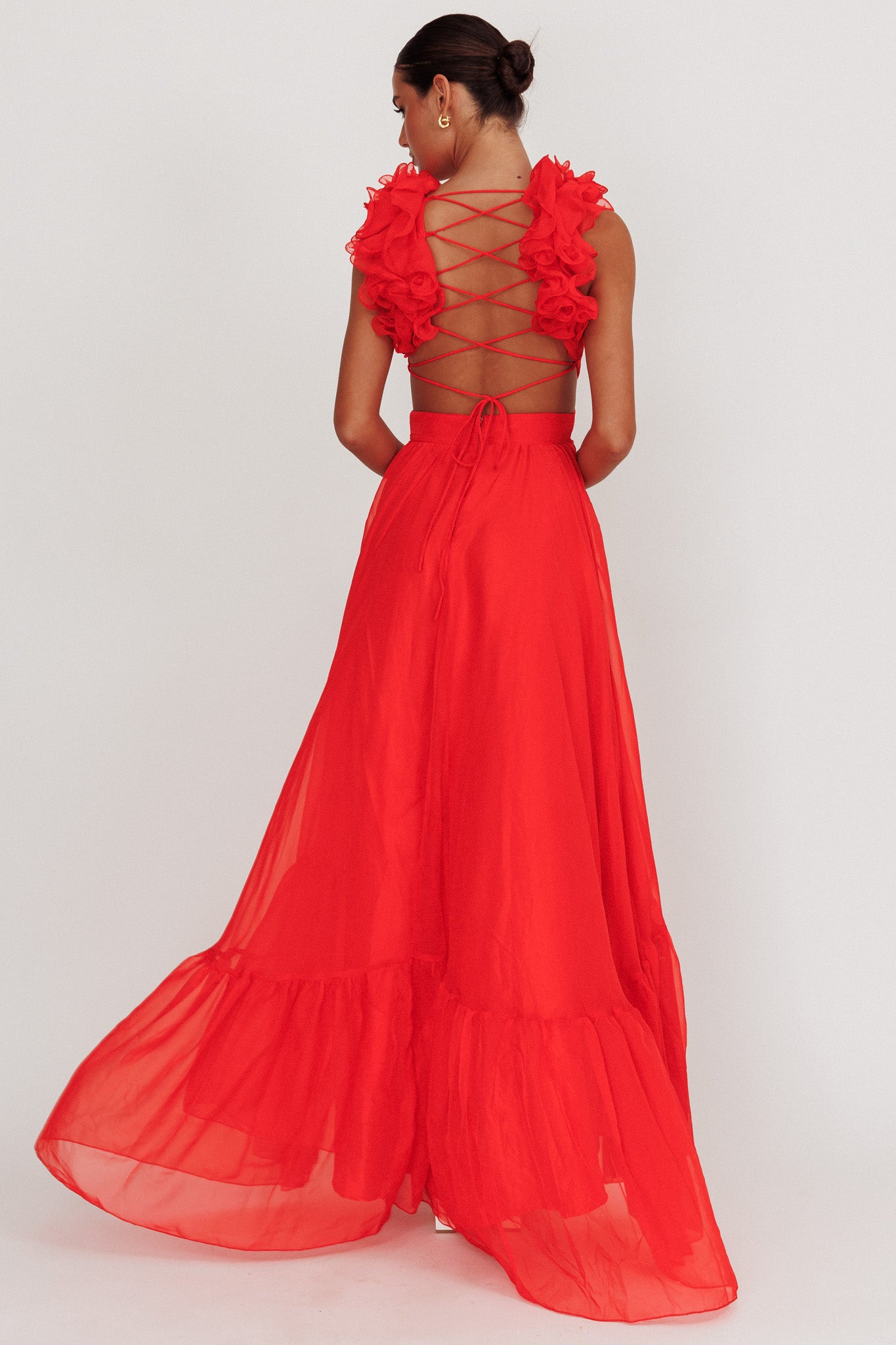 Bellamy Lace-Up Back Ruffle Maxi Dress Red-Fable Dress