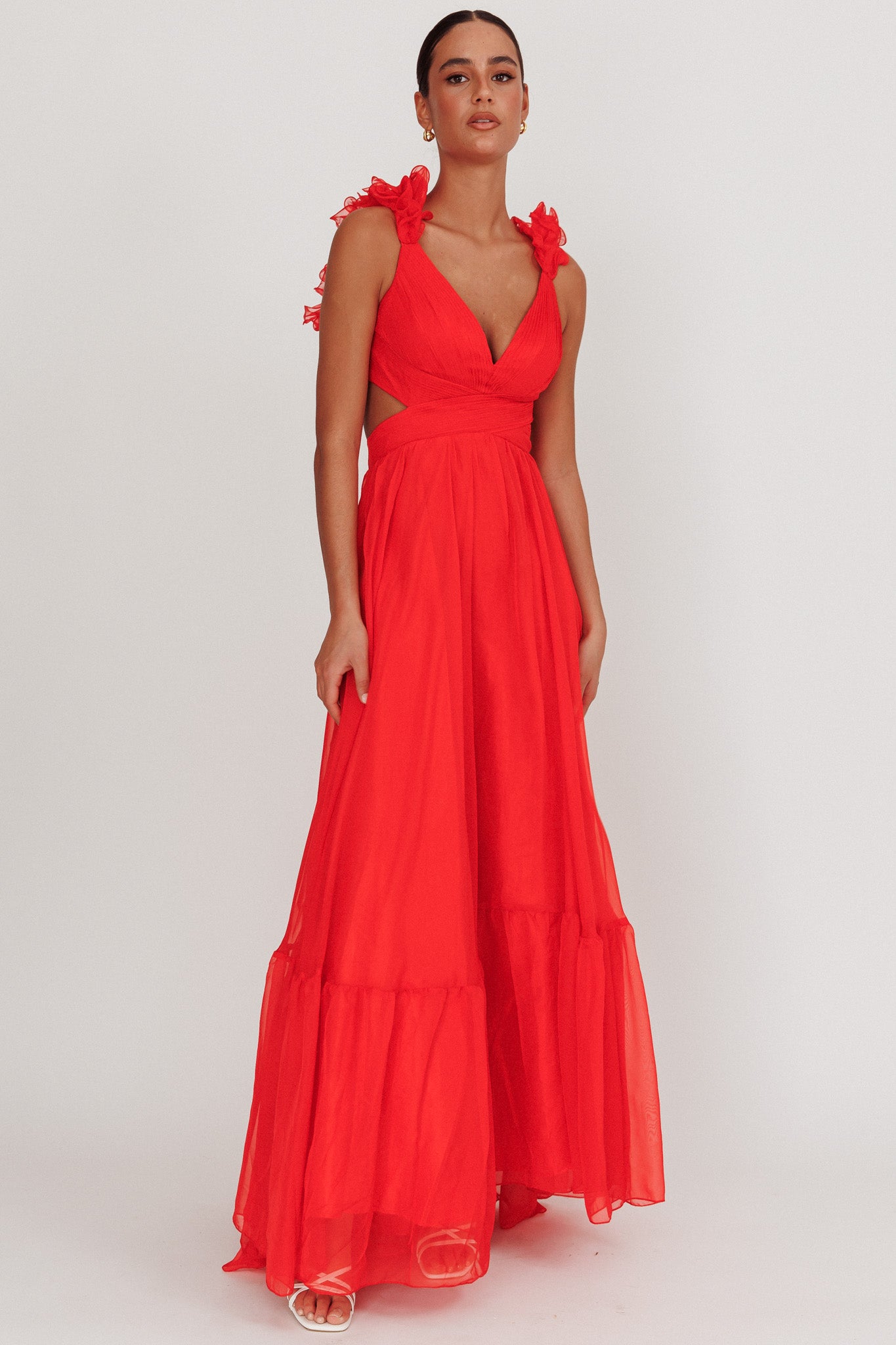 Bellamy Lace-Up Back Ruffle Maxi Dress Red-Fable Dress