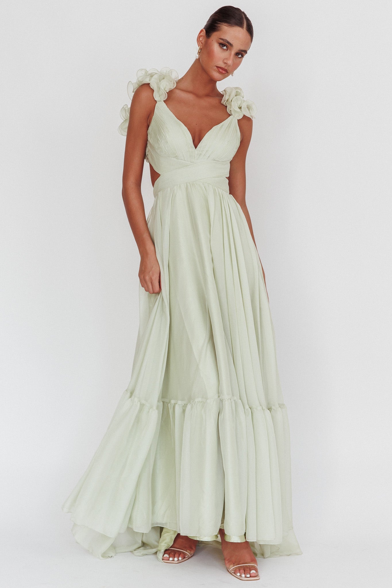Bellamy Lace-Up Back Ruffle Maxi Dress Sage-Fable Dress