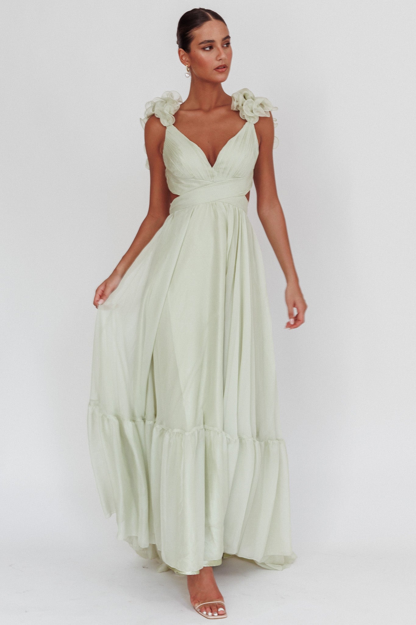 Bellamy Lace-Up Back Ruffle Maxi Dress Sage-Fable Dress