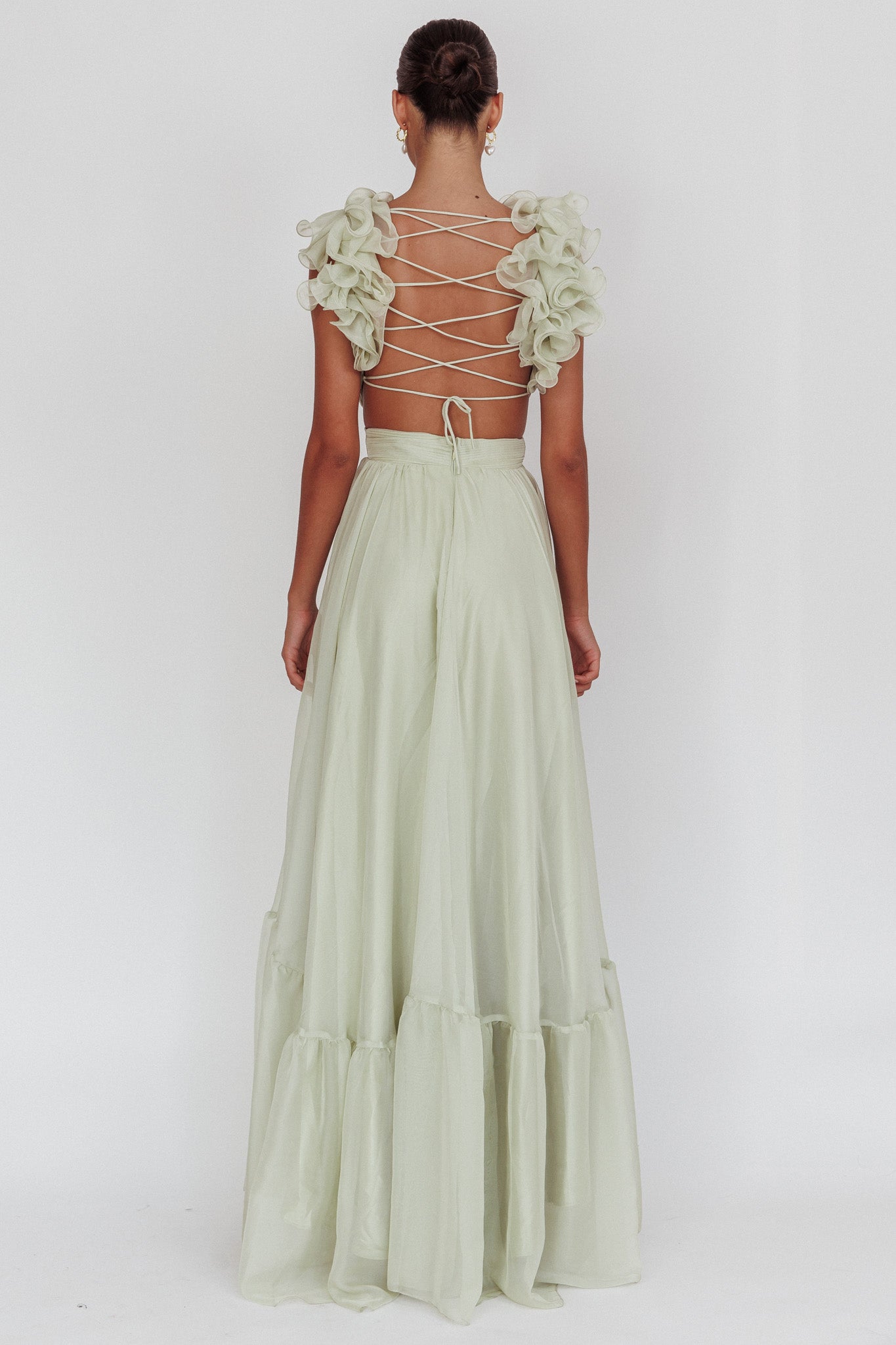 Bellamy Lace-Up Back Ruffle Maxi Dress Sage-Fable Dress