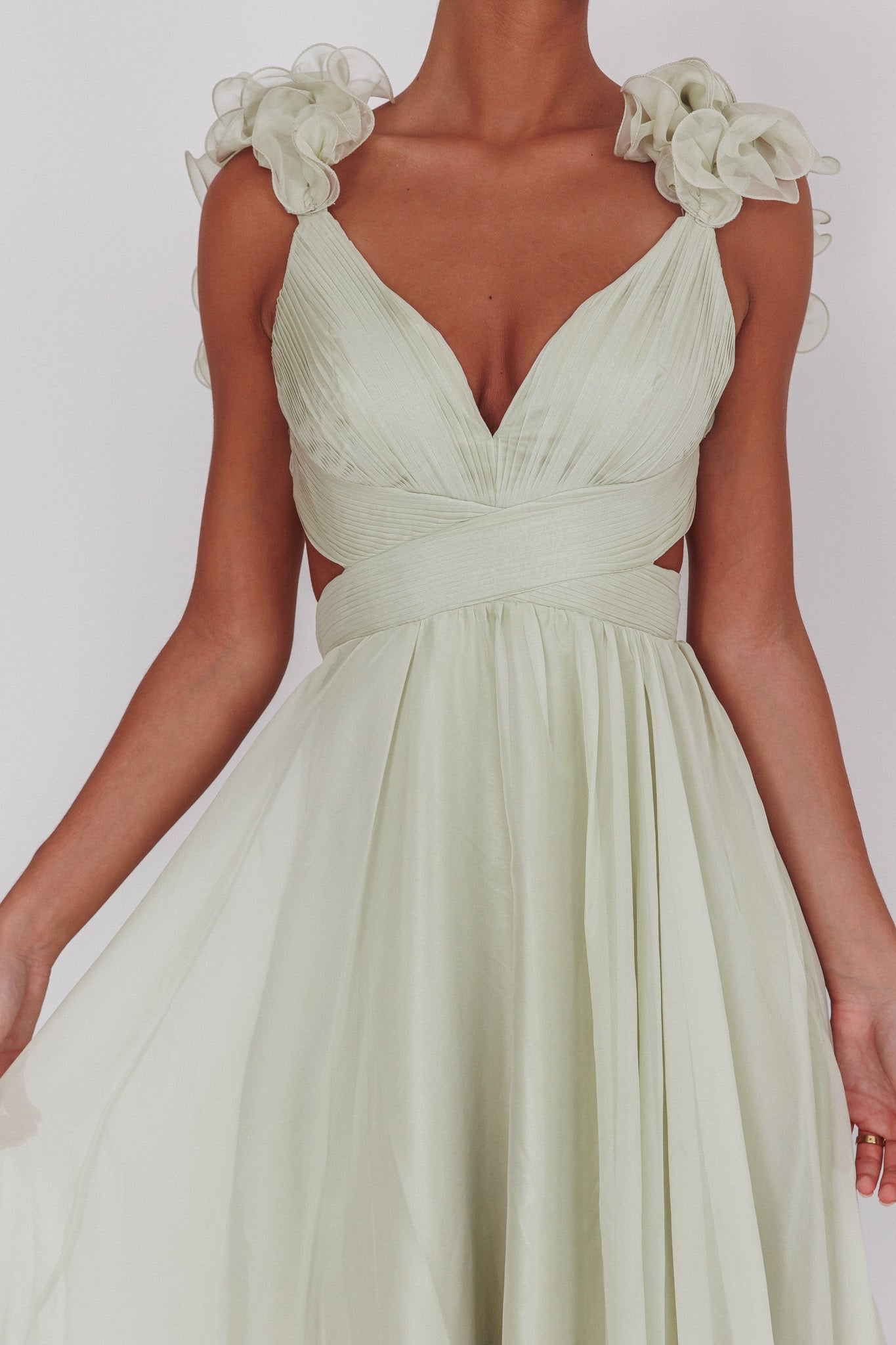 Bellamy Lace-Up Back Ruffle Maxi Dress Sage-Fable Dress