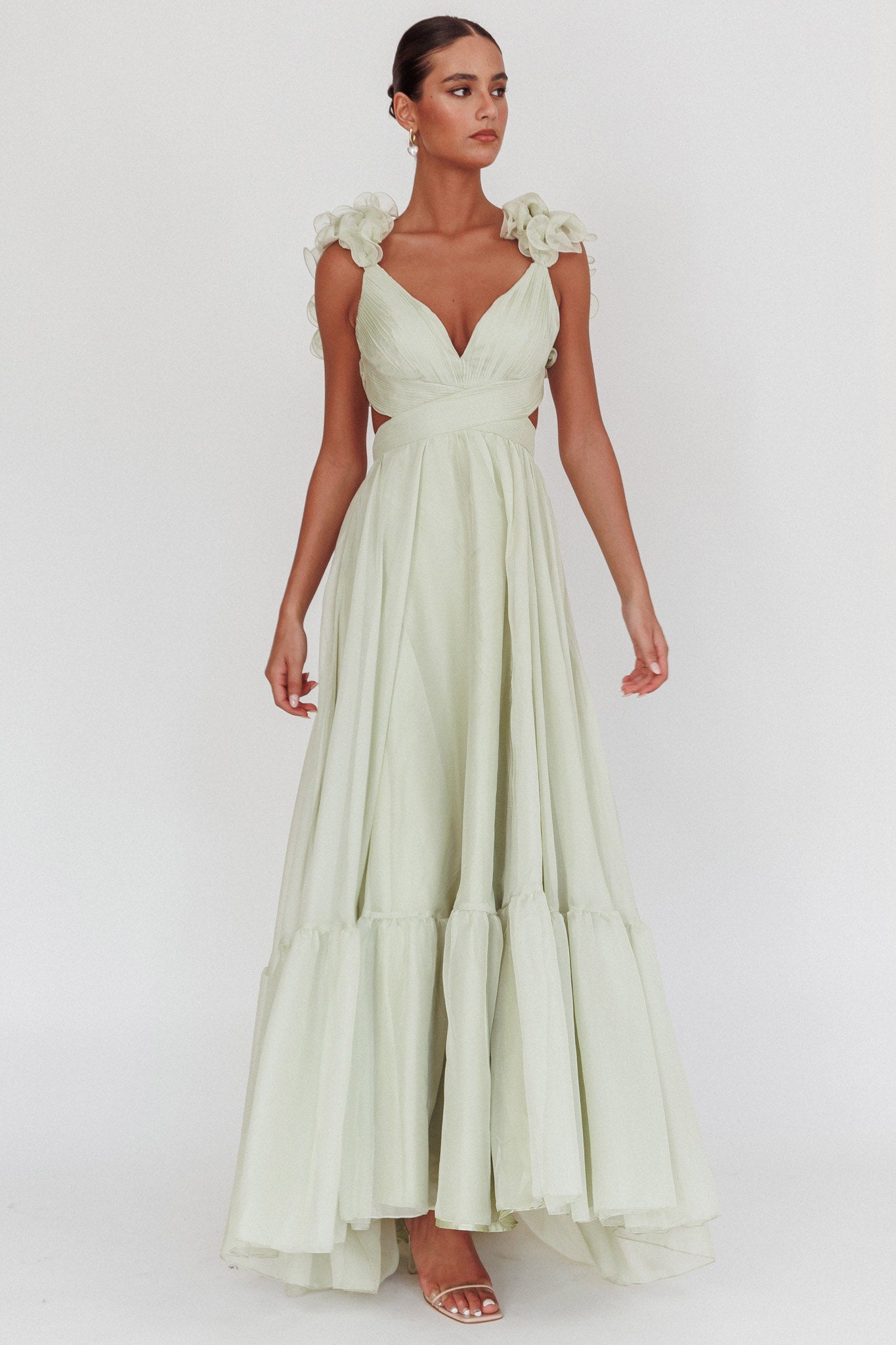 Bellamy Lace-Up Back Ruffle Maxi Dress Sage-Fable Dress