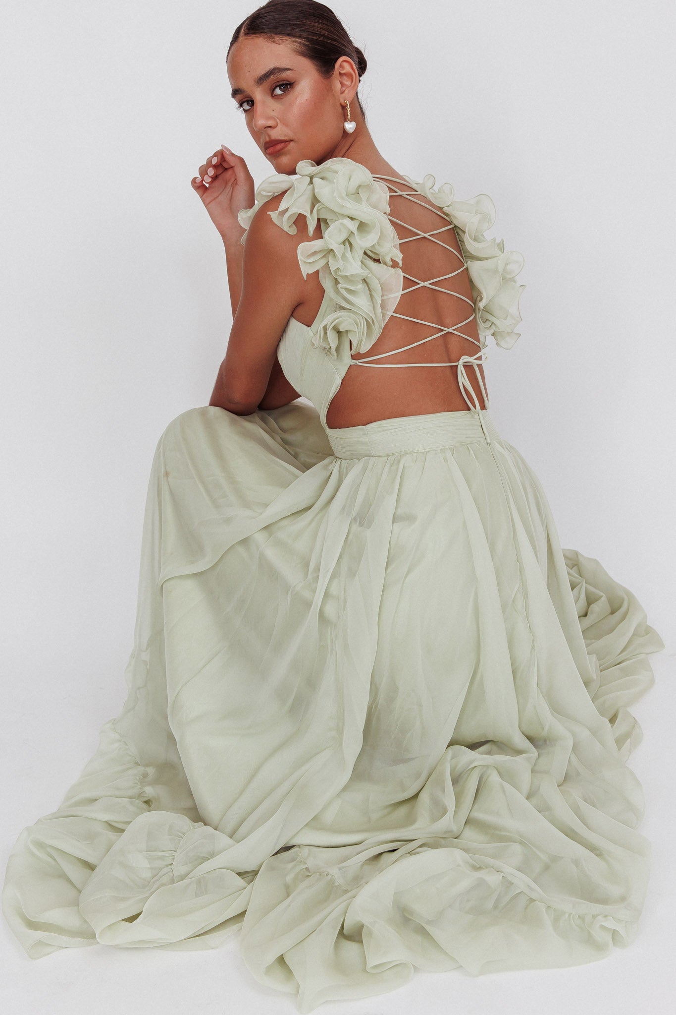 Bellamy Lace-Up Back Ruffle Maxi Dress Sage-Fable Dress
