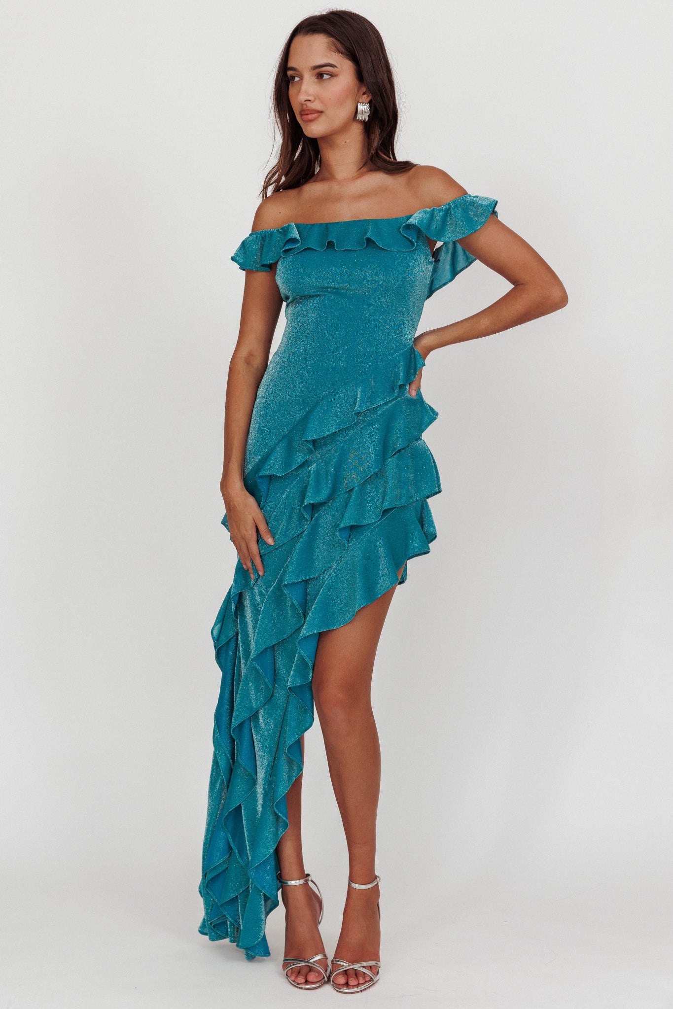 So Into You Off Shoulder Glitter Ruffle Dress Jade-Fable Dress