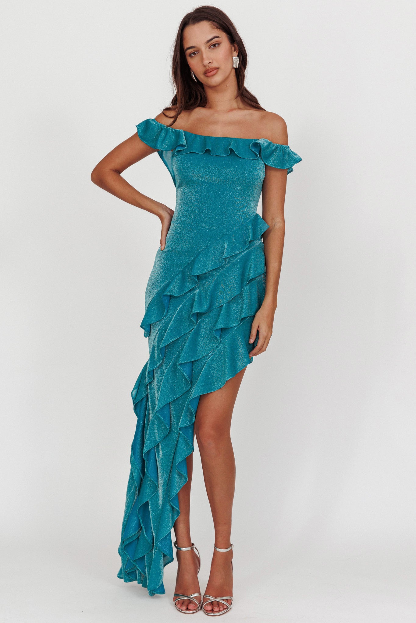 So Into You Off Shoulder Glitter Ruffle Dress Jade-Fable Dress