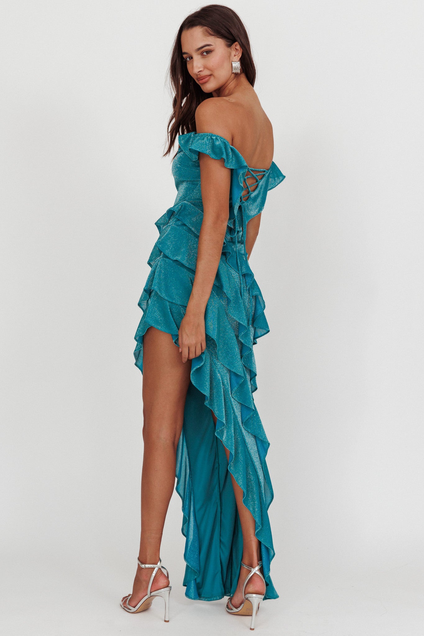 So Into You Off Shoulder Glitter Ruffle Dress Jade-Fable Dress