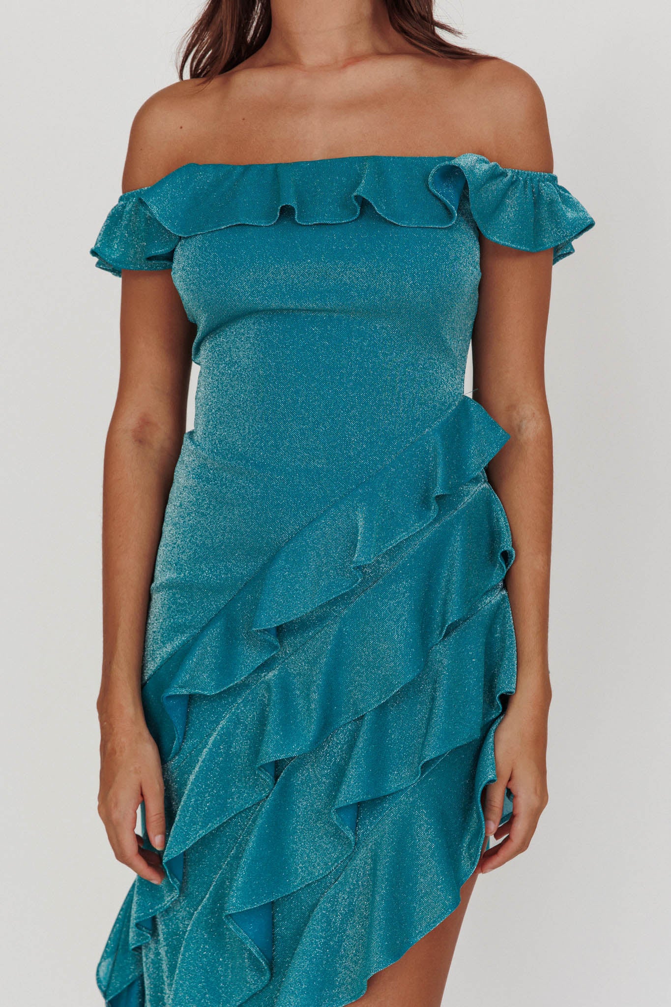 So Into You Off Shoulder Glitter Ruffle Dress Jade-Fable Dress