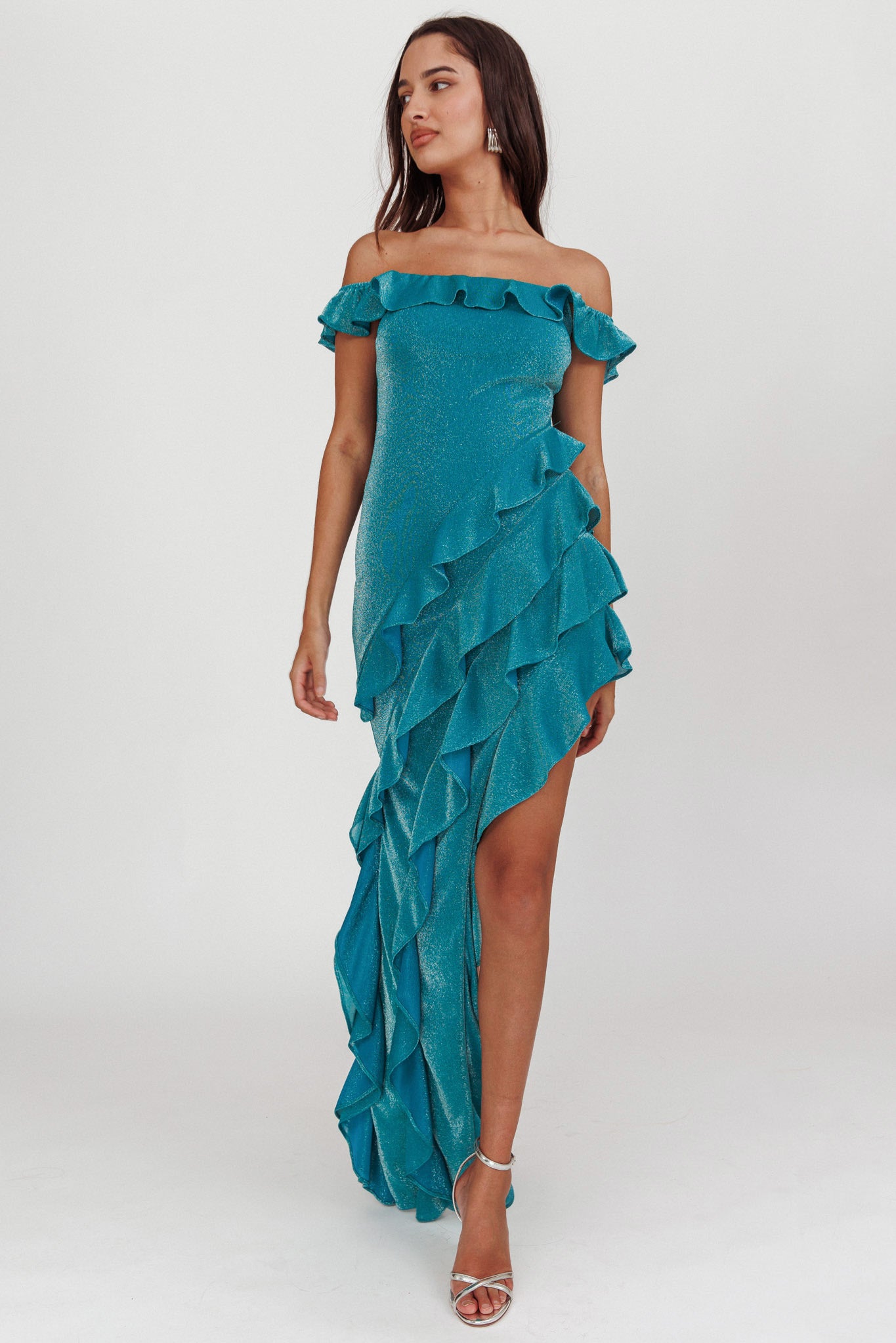 So Into You Off Shoulder Glitter Ruffle Dress Jade-Fable Dress