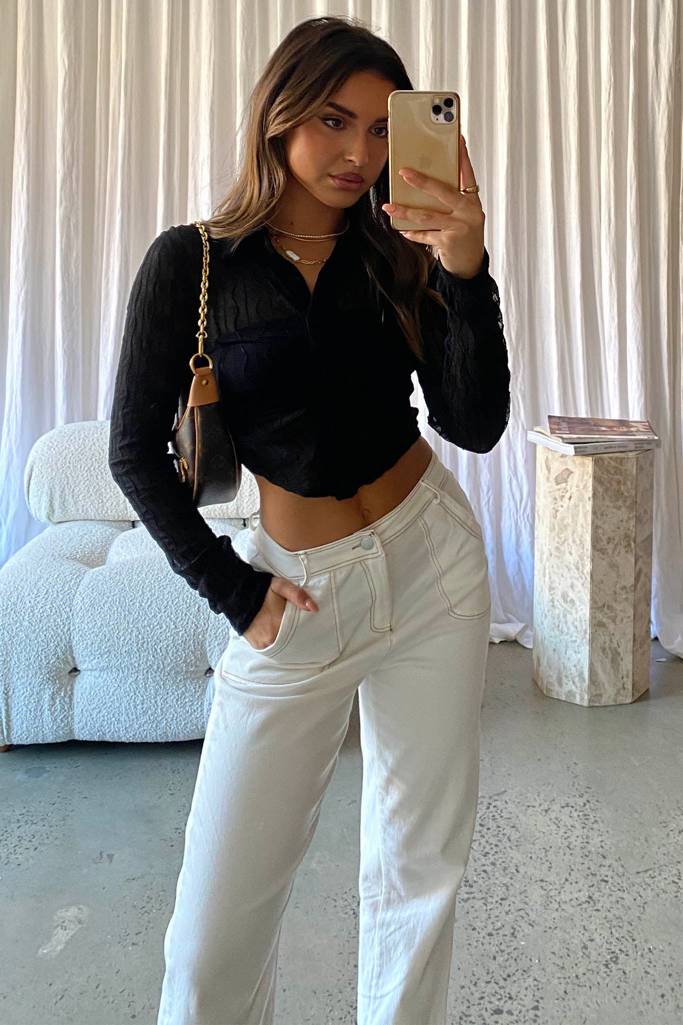 Jolita Sheer Buttoned Crop Top Black-Fable Dress