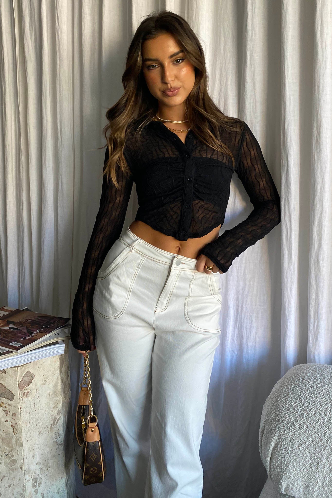 Jolita Sheer Buttoned Crop Top Black-Fable Dress