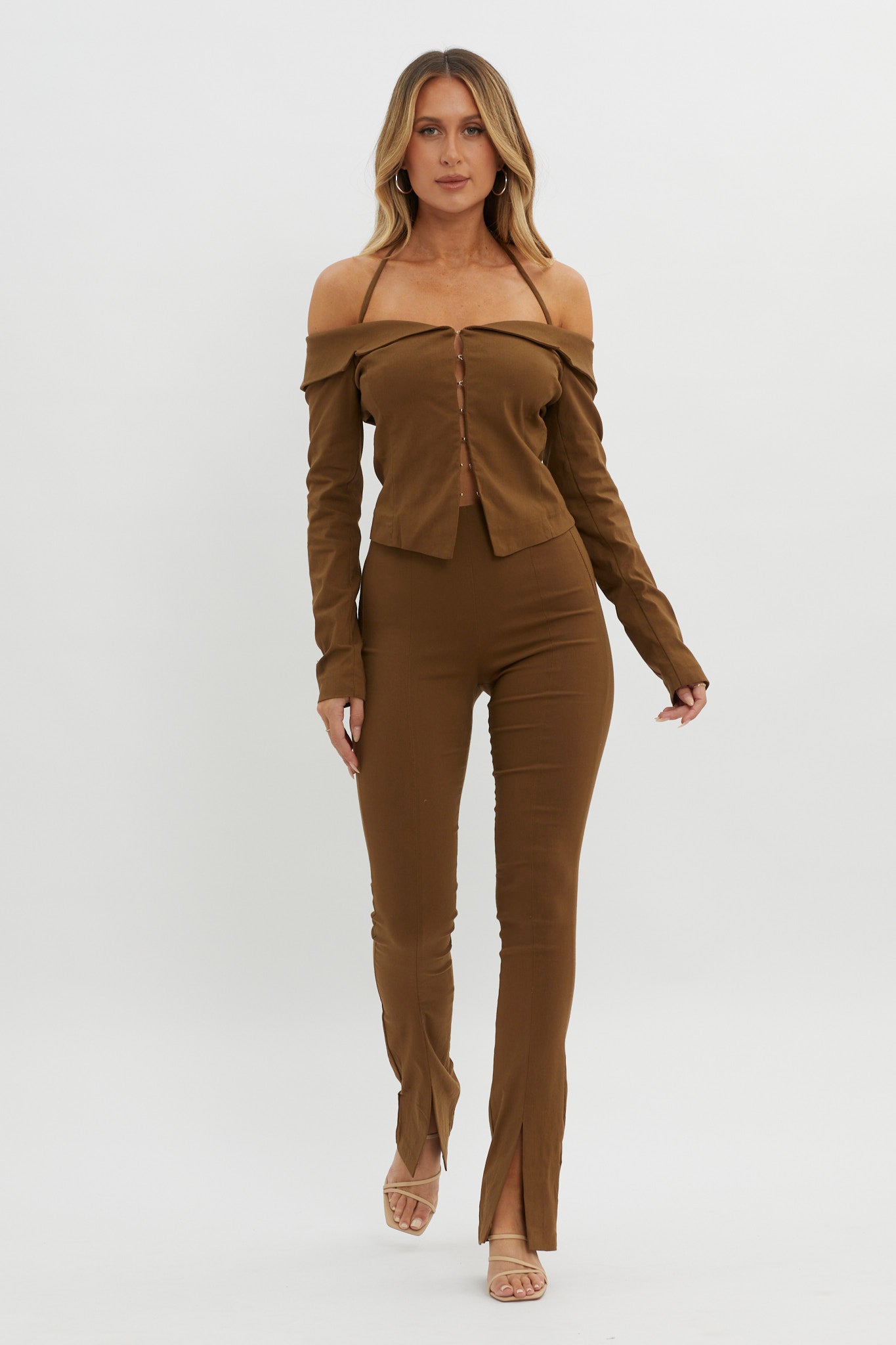Zuzana Split Hem Flare Pants Brown-Fable Dress