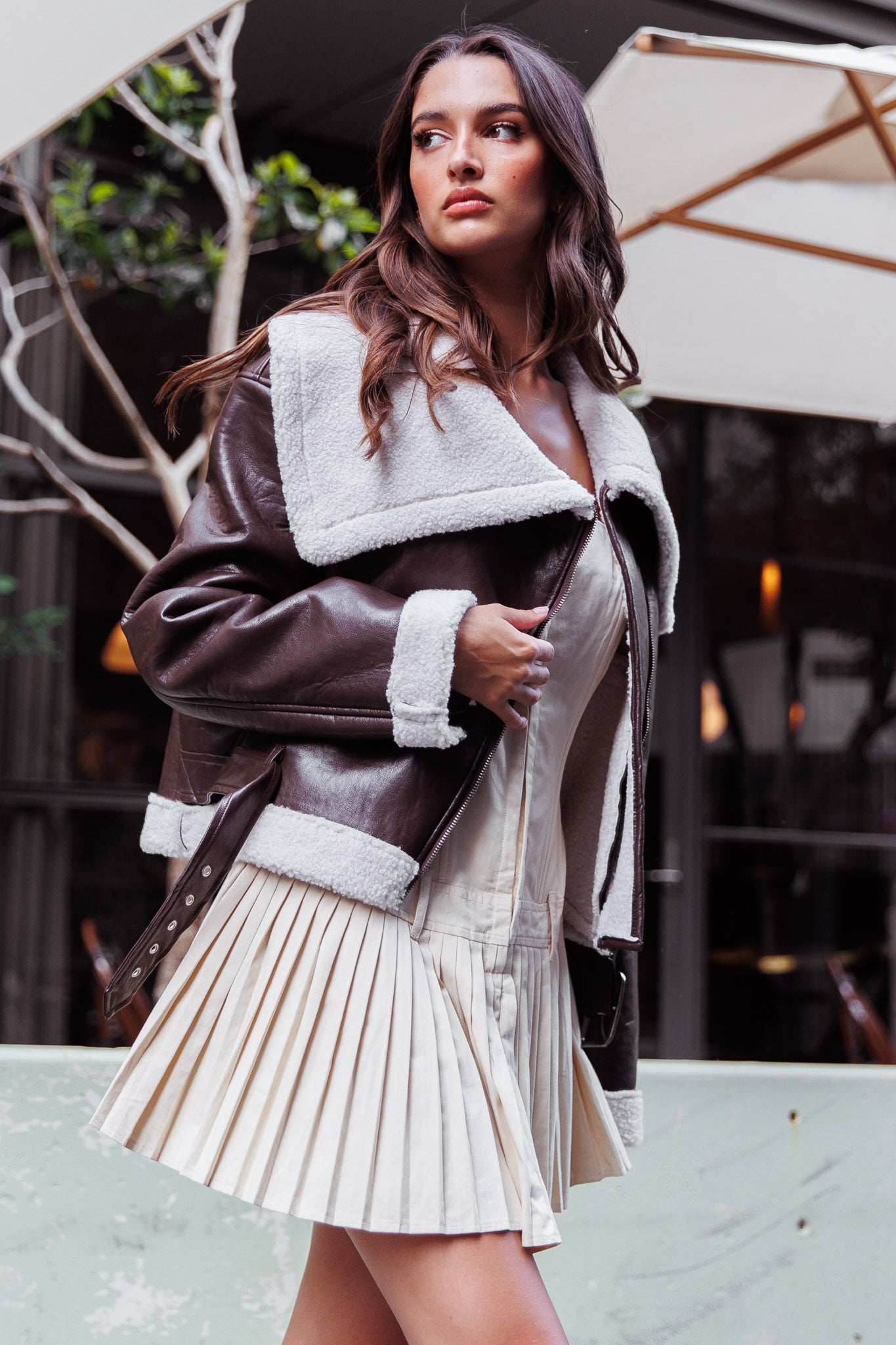 Aviatrix Faux Leather Sherpa Jacket Brown-Fable Dress