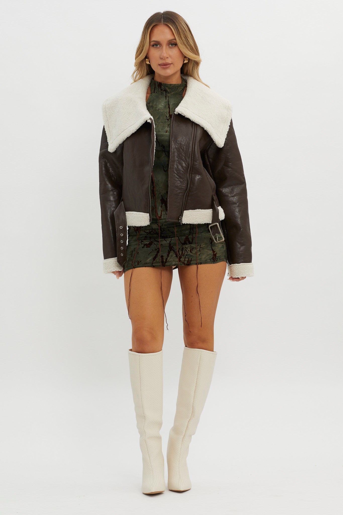 Aviatrix Faux Leather Sherpa Jacket Brown-Fable Dress