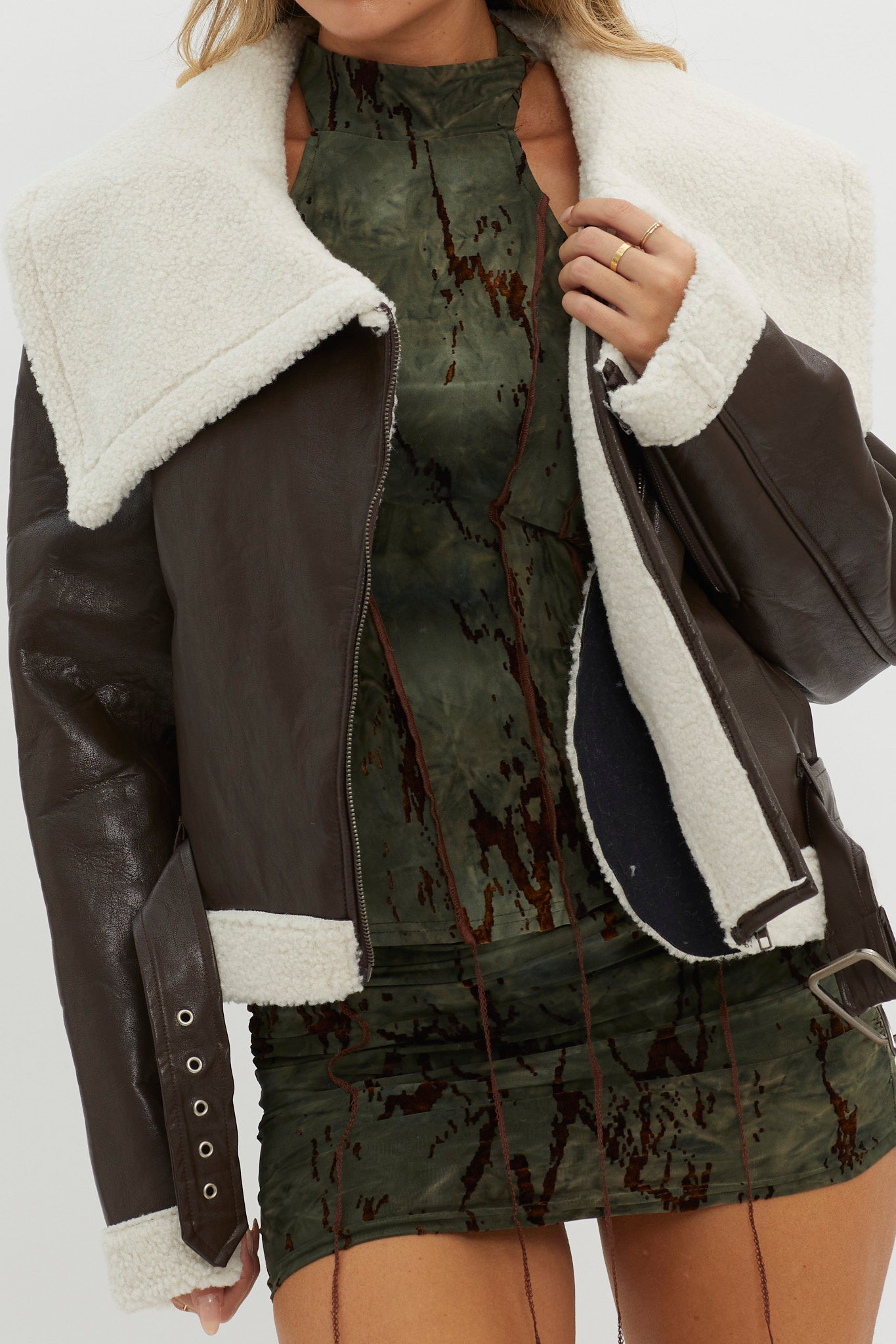 Aviatrix Faux Leather Sherpa Jacket Brown-Fable Dress