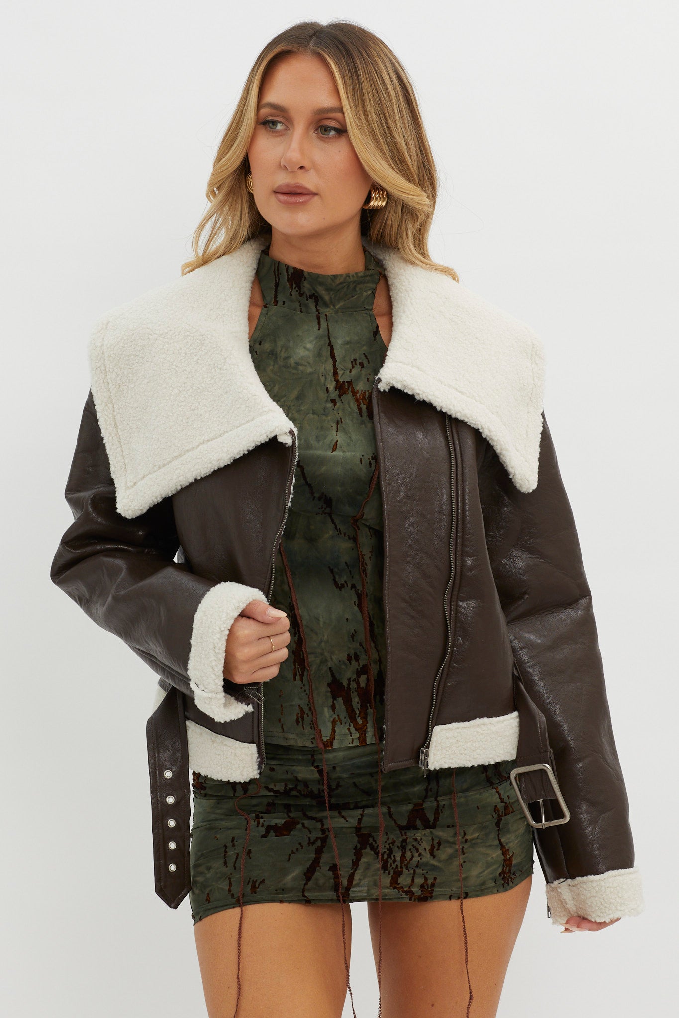 Aviatrix Faux Leather Sherpa Jacket Brown-Fable Dress