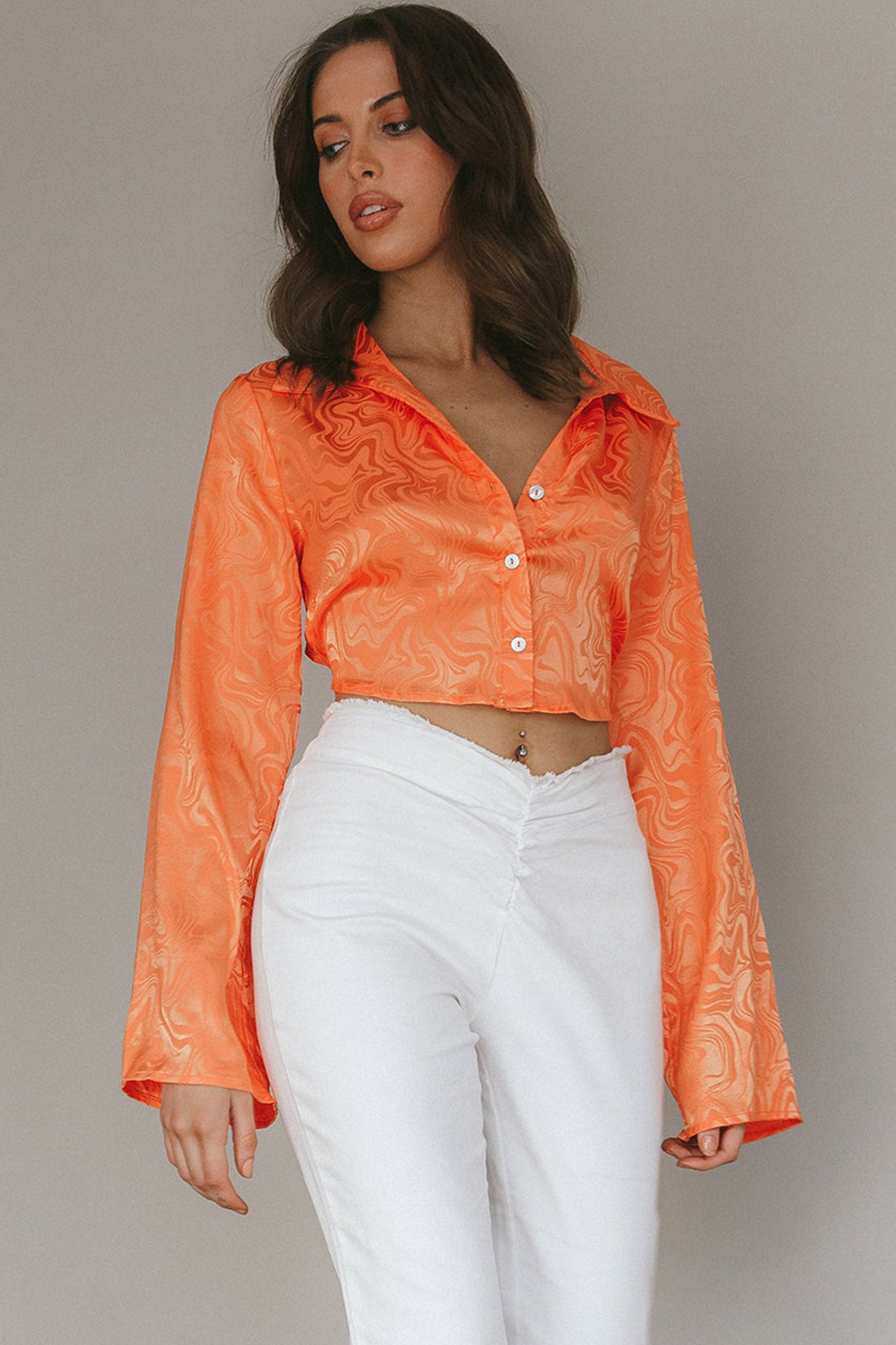 Ciara Flared Sleeve Tied Back Top Orange-Fable Dress