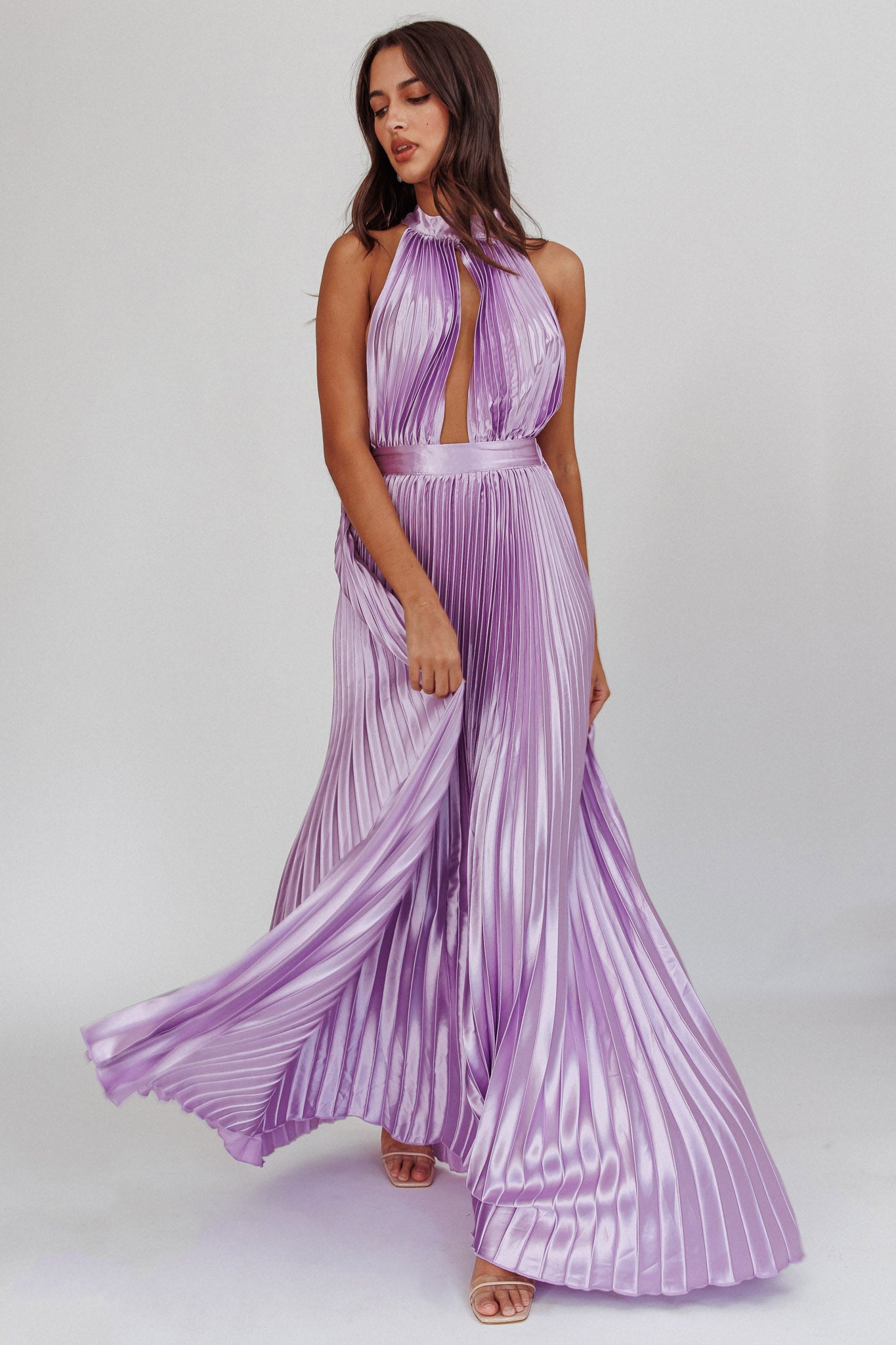 Monarch Pleated Satin Maxi Dress Lavender-Fable Dress