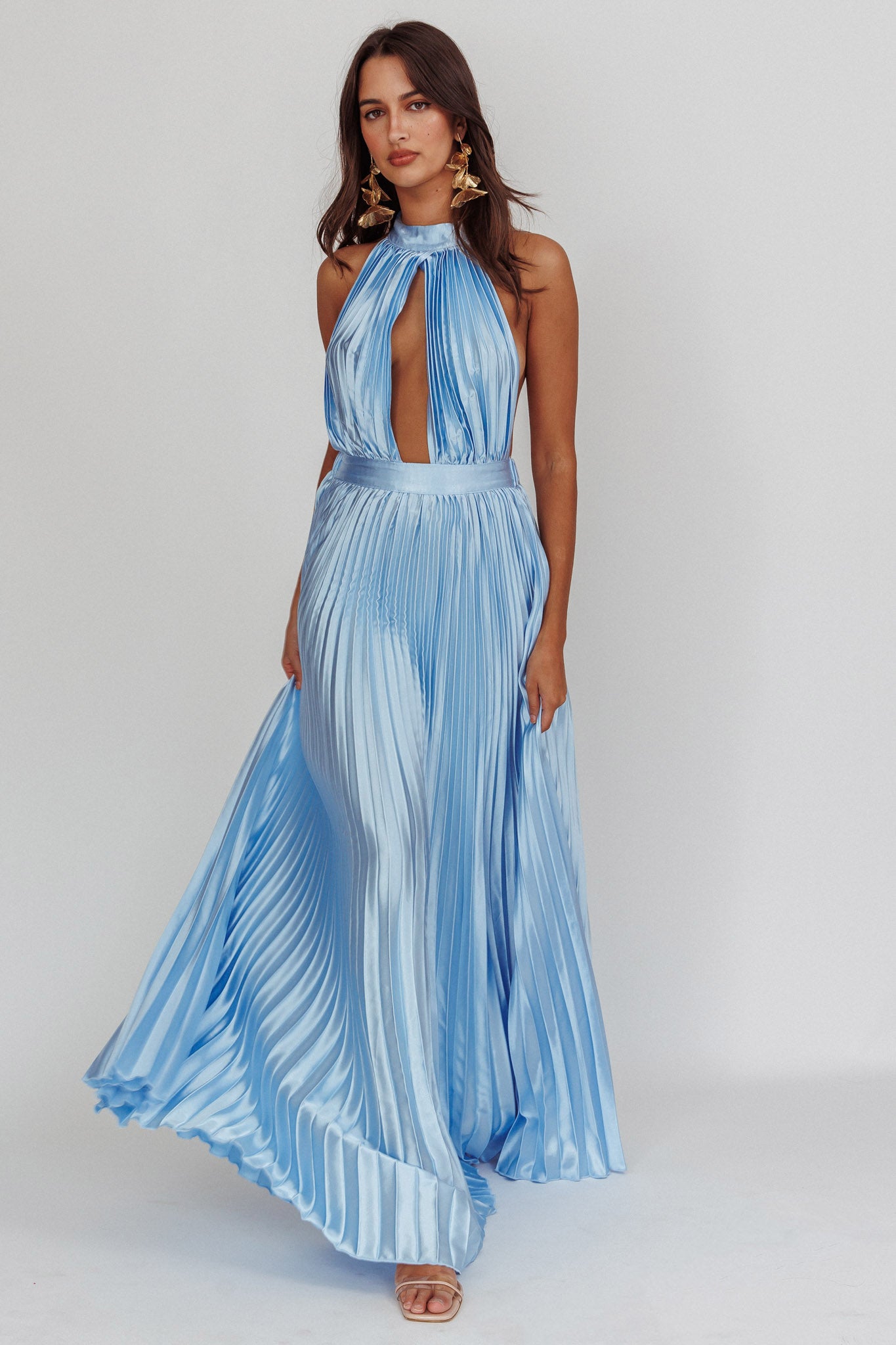Monarch Pleated Satin Maxi Dress Light Blue-Fable Dress