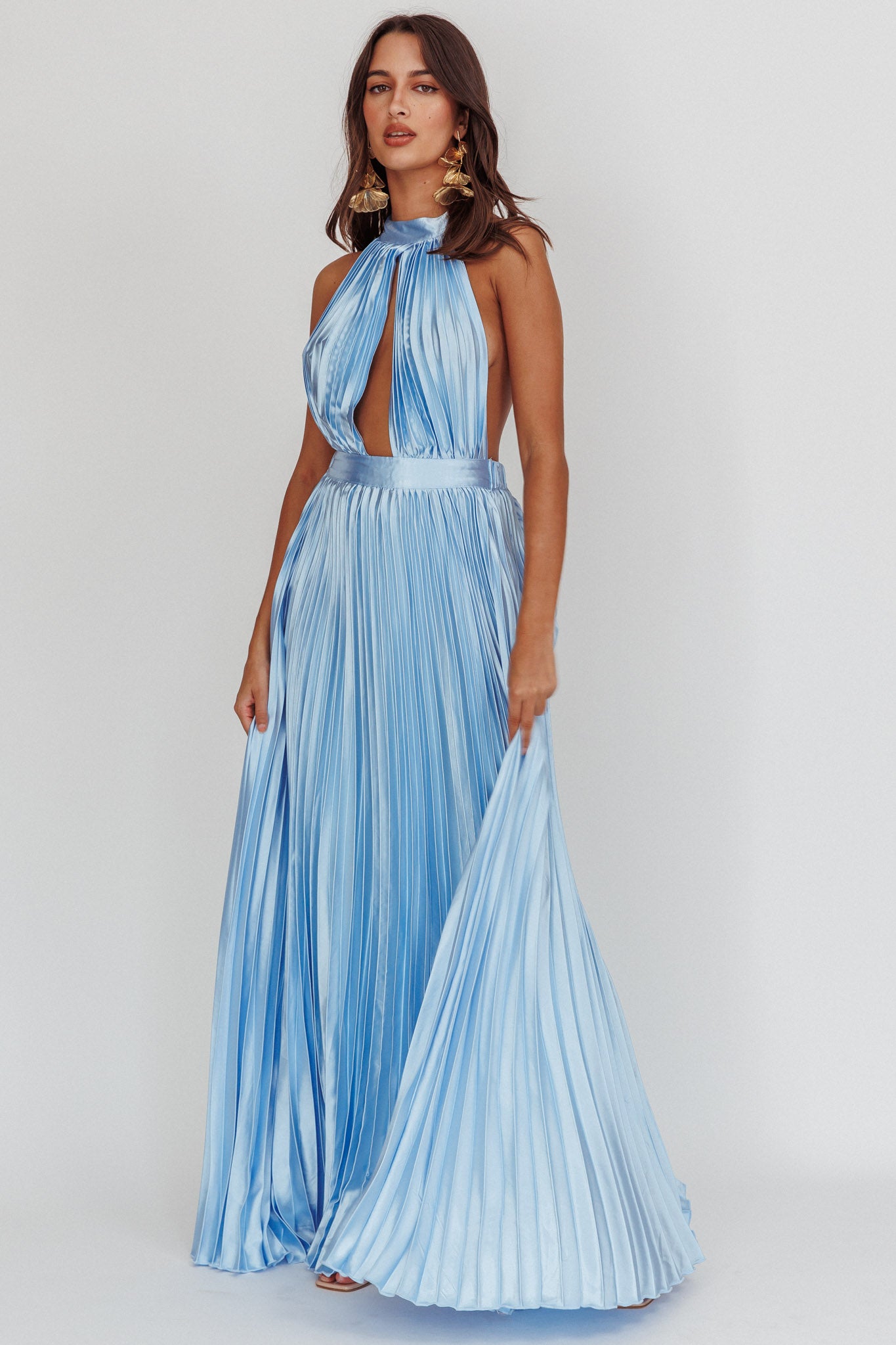 Monarch Pleated Satin Maxi Dress Light Blue-Fable Dress