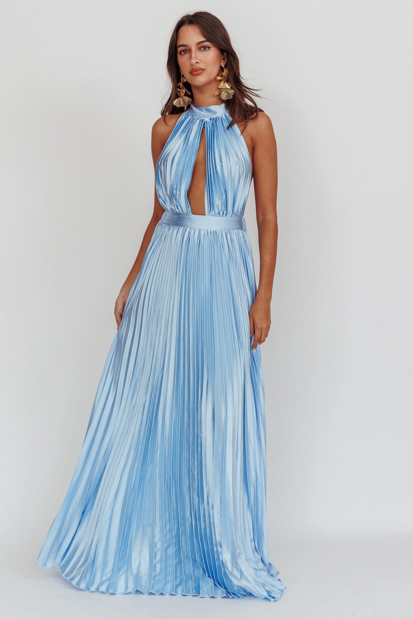 Monarch Pleated Satin Maxi Dress Light Blue-Fable Dress