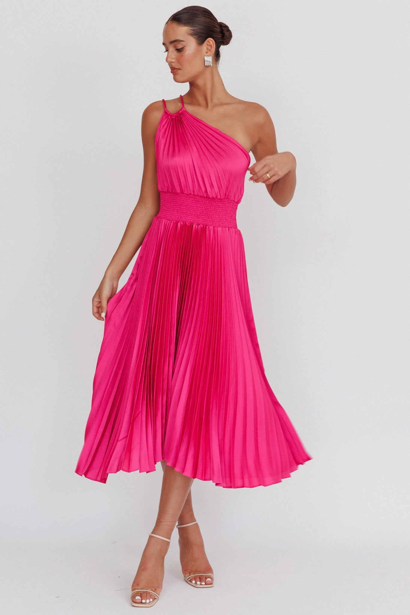 Calissa One Shoulder Pleated Midi Dress Magenta-Fable Dress