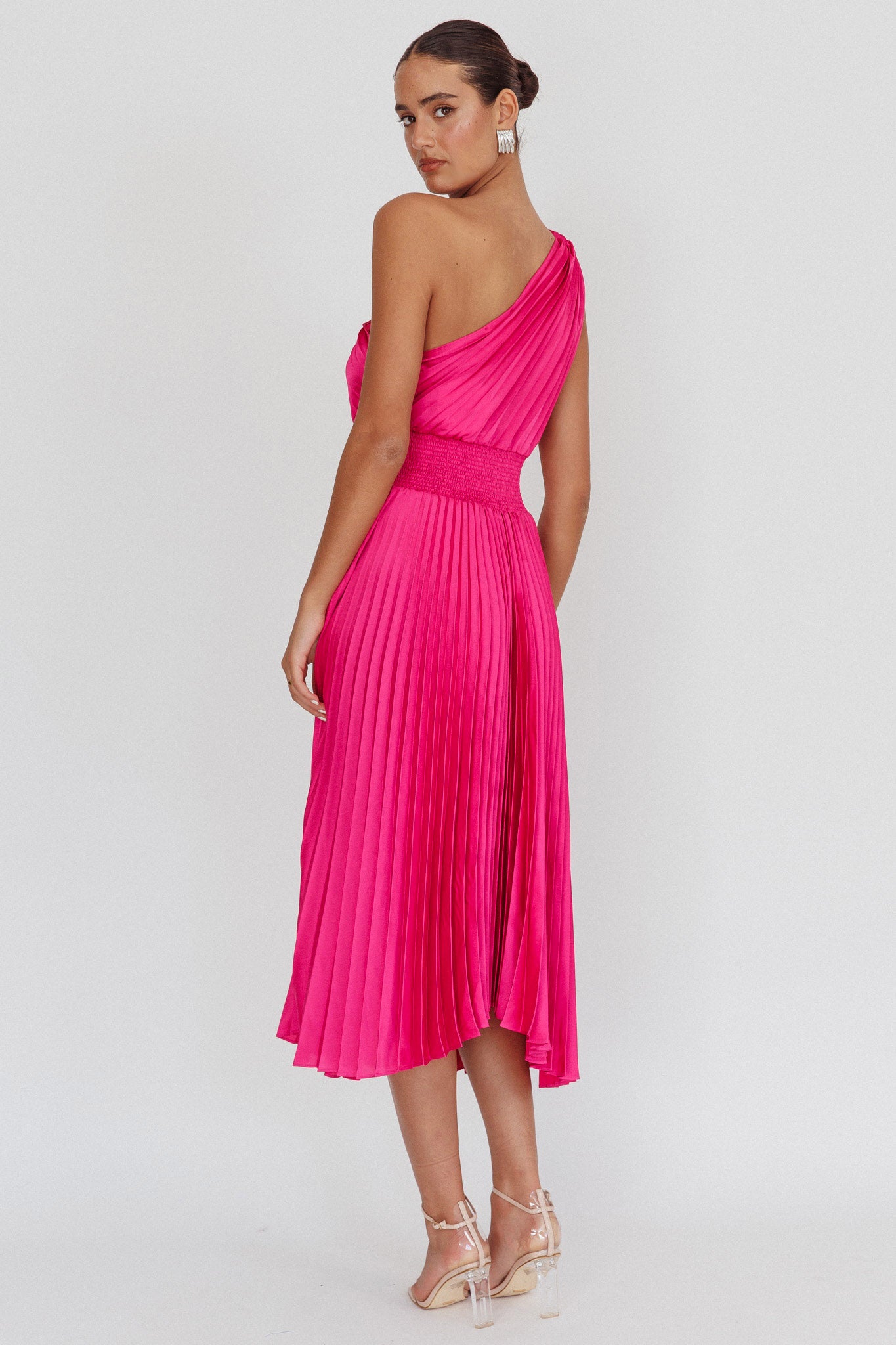 Calissa One Shoulder Pleated Midi Dress Magenta-Fable Dress
