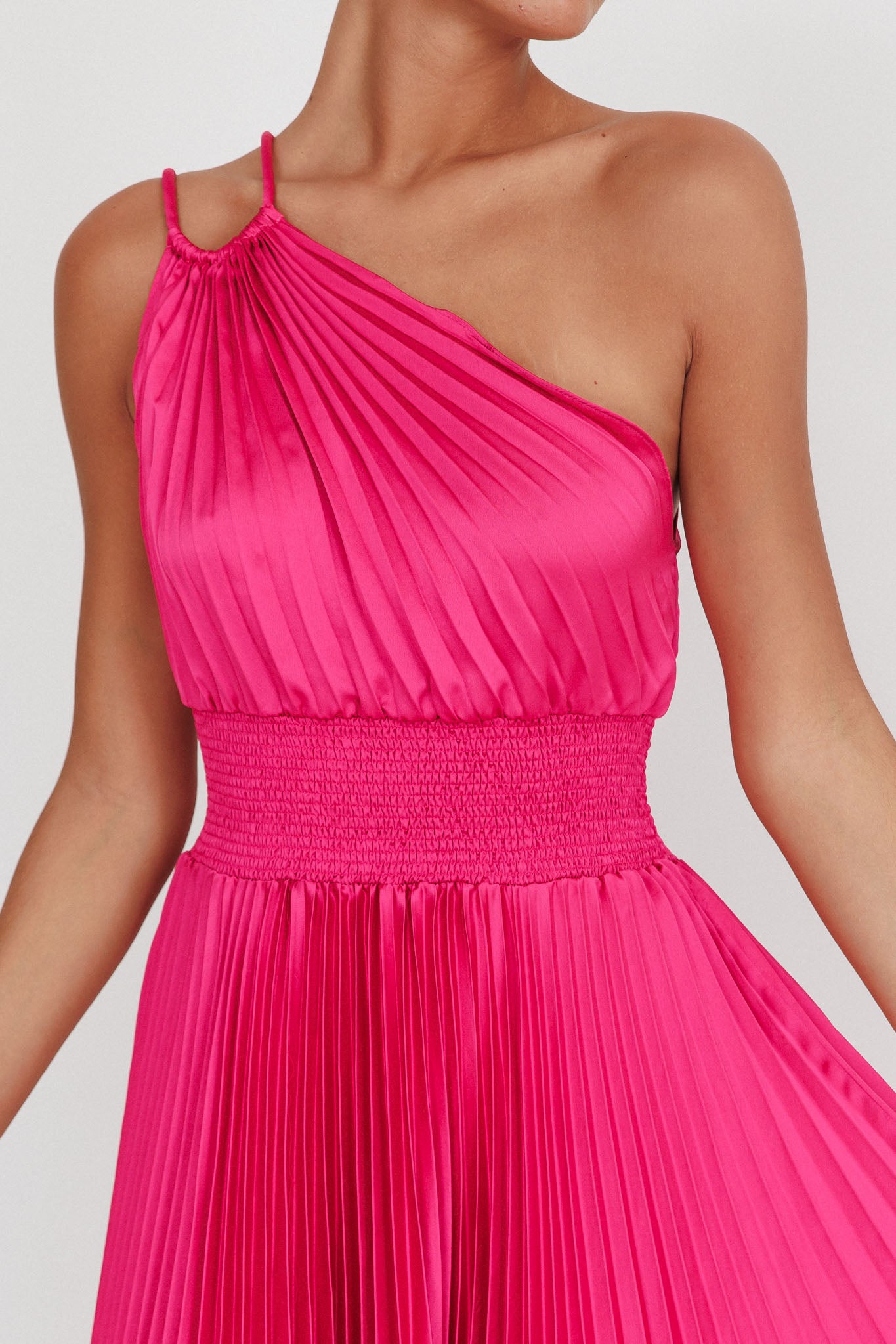 Calissa One Shoulder Pleated Midi Dress Magenta-Fable Dress
