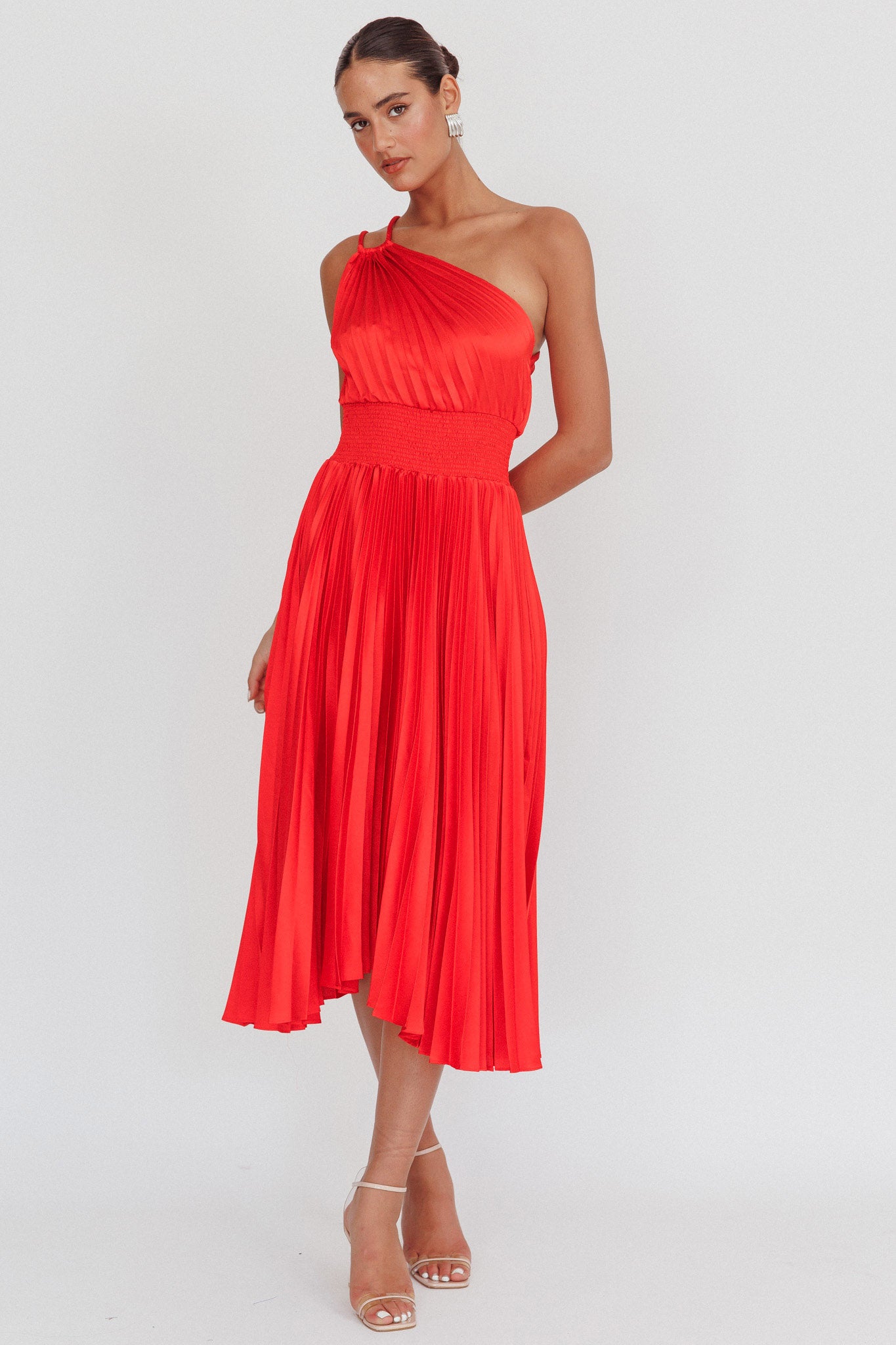 Calissa One Shoulder Pleated Midi Dress Red-Fable Dress