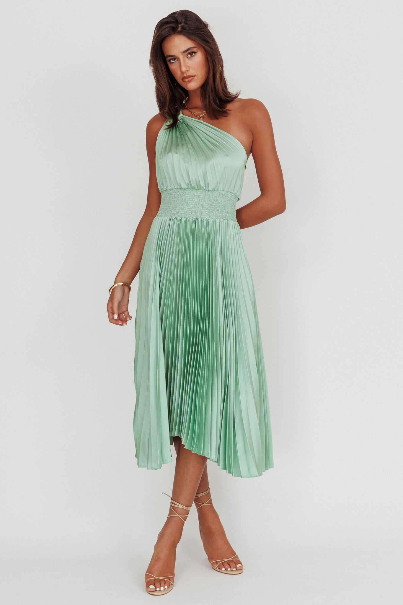 Calissa One Shoulder Pleated Midi Dress Sage-Fable Dress