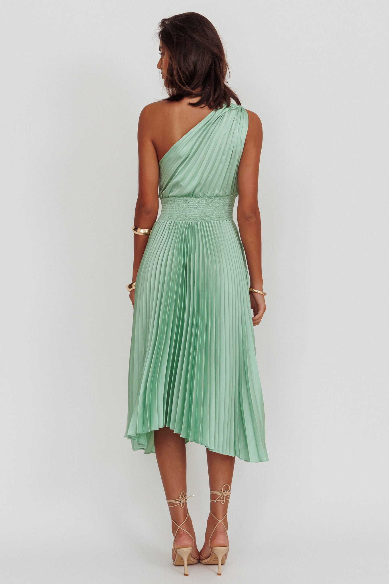 Calissa One Shoulder Pleated Midi Dress Sage-Fable Dress