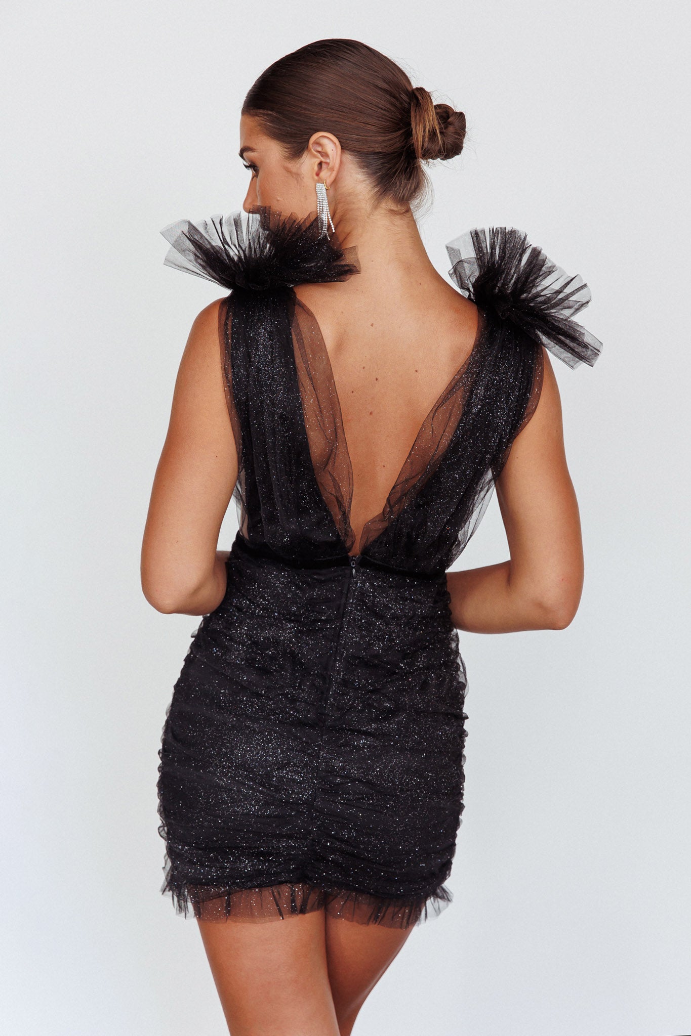 Ludivine Shoulder Accent Mesh Mini Dress Black Glitter-Fable Dress