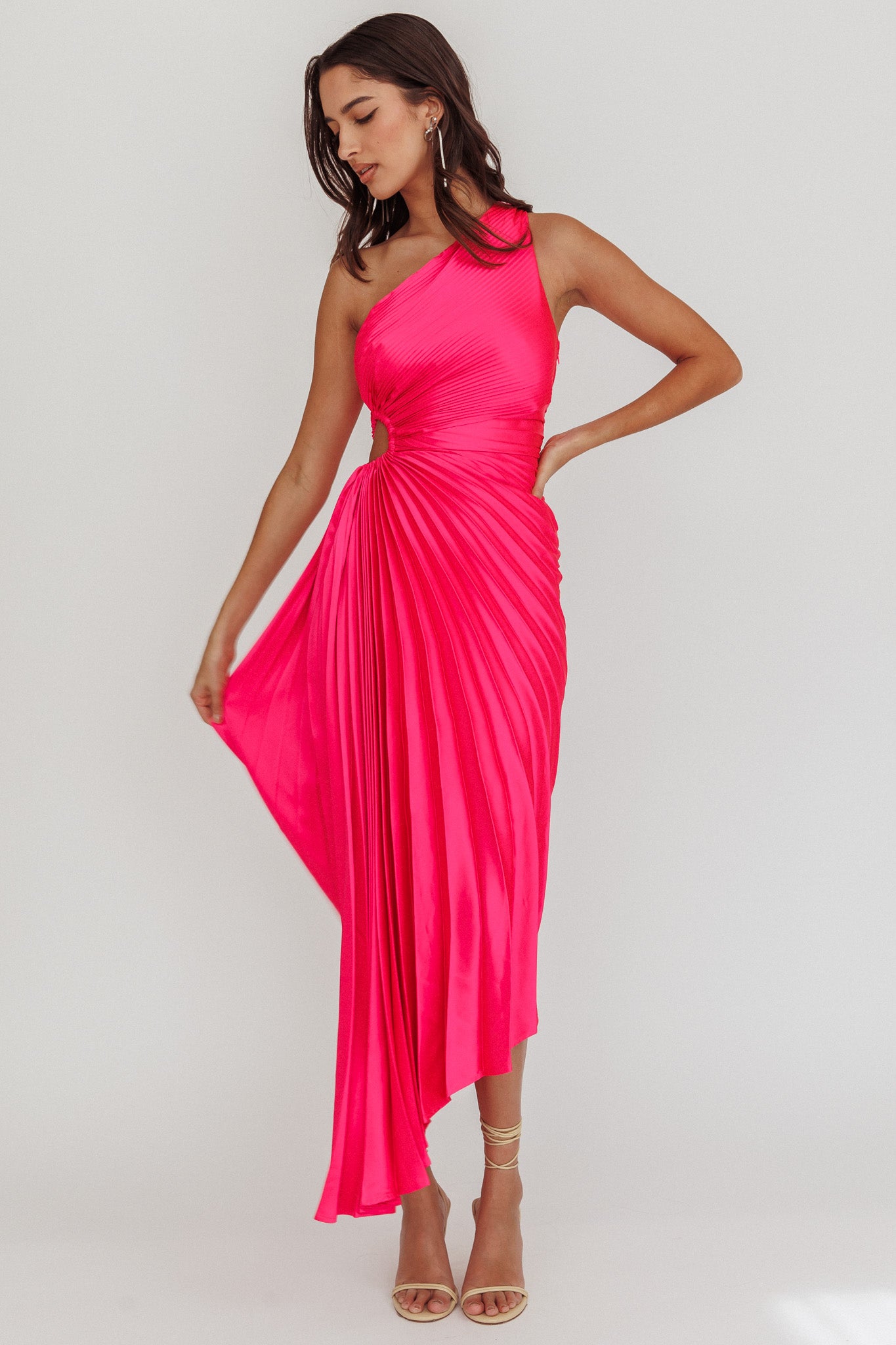 Brooklynn One-Shoulder Accordion Pleat Satin Midi Dress Fuchsia-Fable Dress