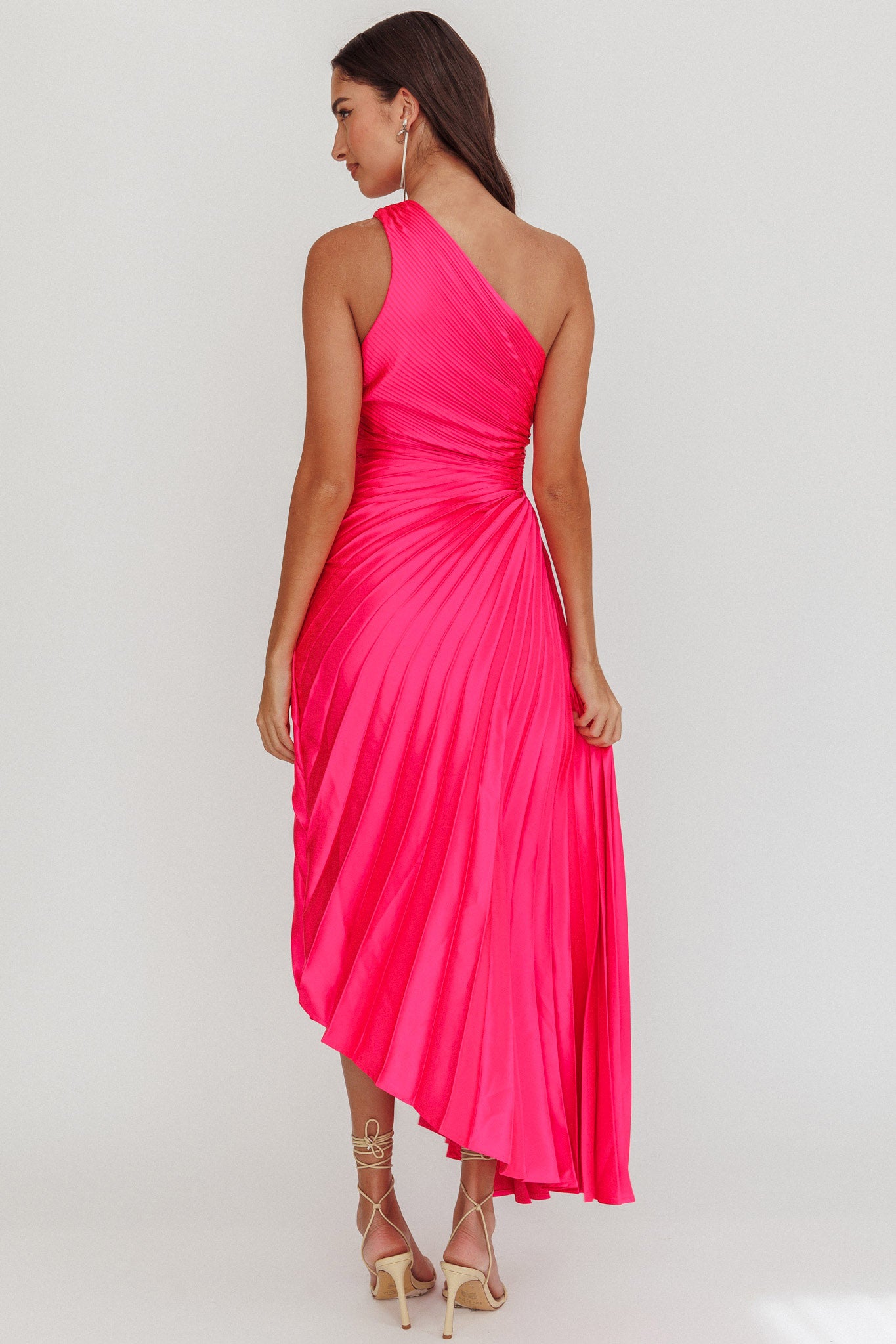 Brooklynn One-Shoulder Accordion Pleat Satin Midi Dress Fuchsia-Fable Dress