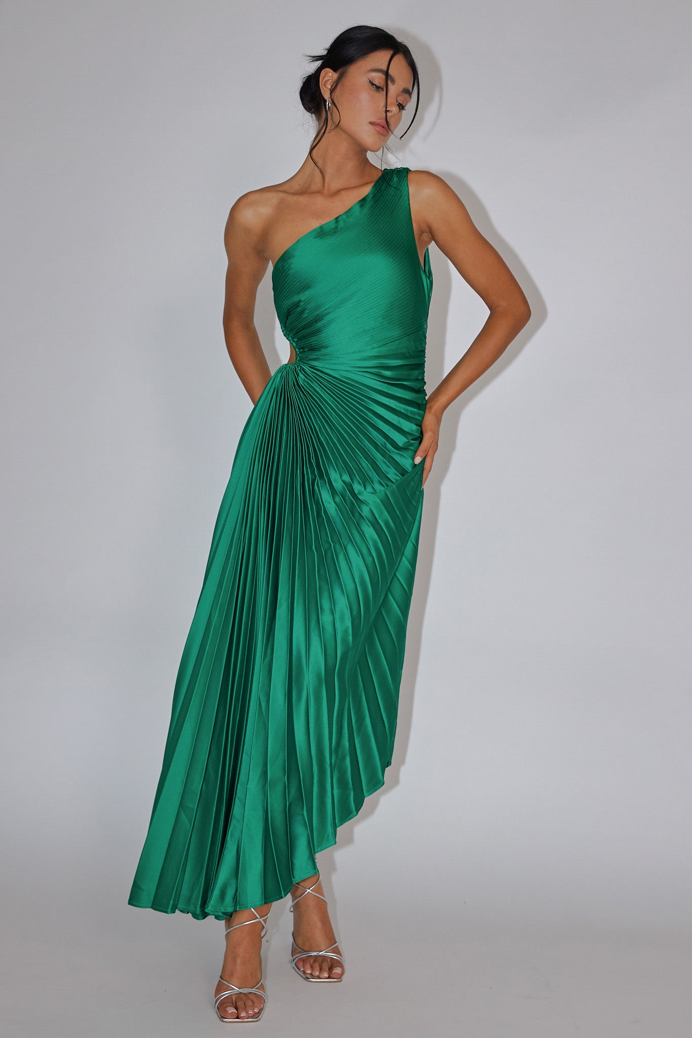 Brooklynn One-Shoulder Accordion Pleat Dress Kelly Green-Fable Dress