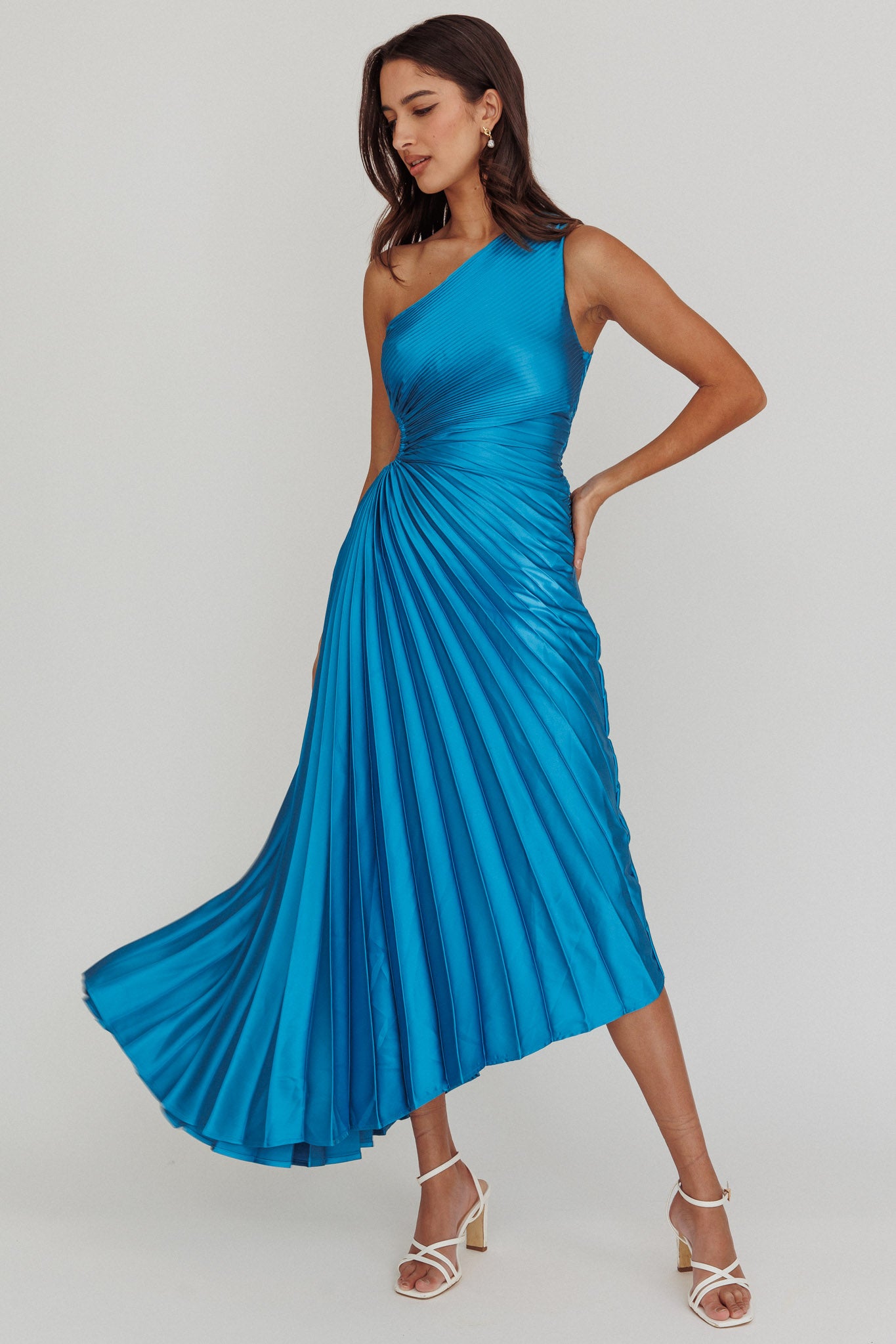 Brooklynn One-Shoulder Accordion Pleat Satin Midi Dress Teal-Fable Dress
