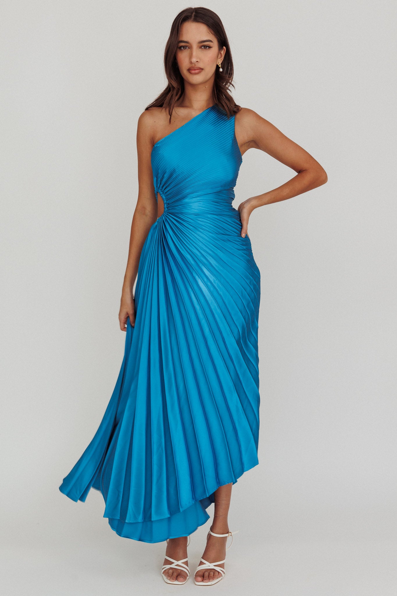 Brooklynn One-Shoulder Accordion Pleat Satin Midi Dress Teal-Fable Dress