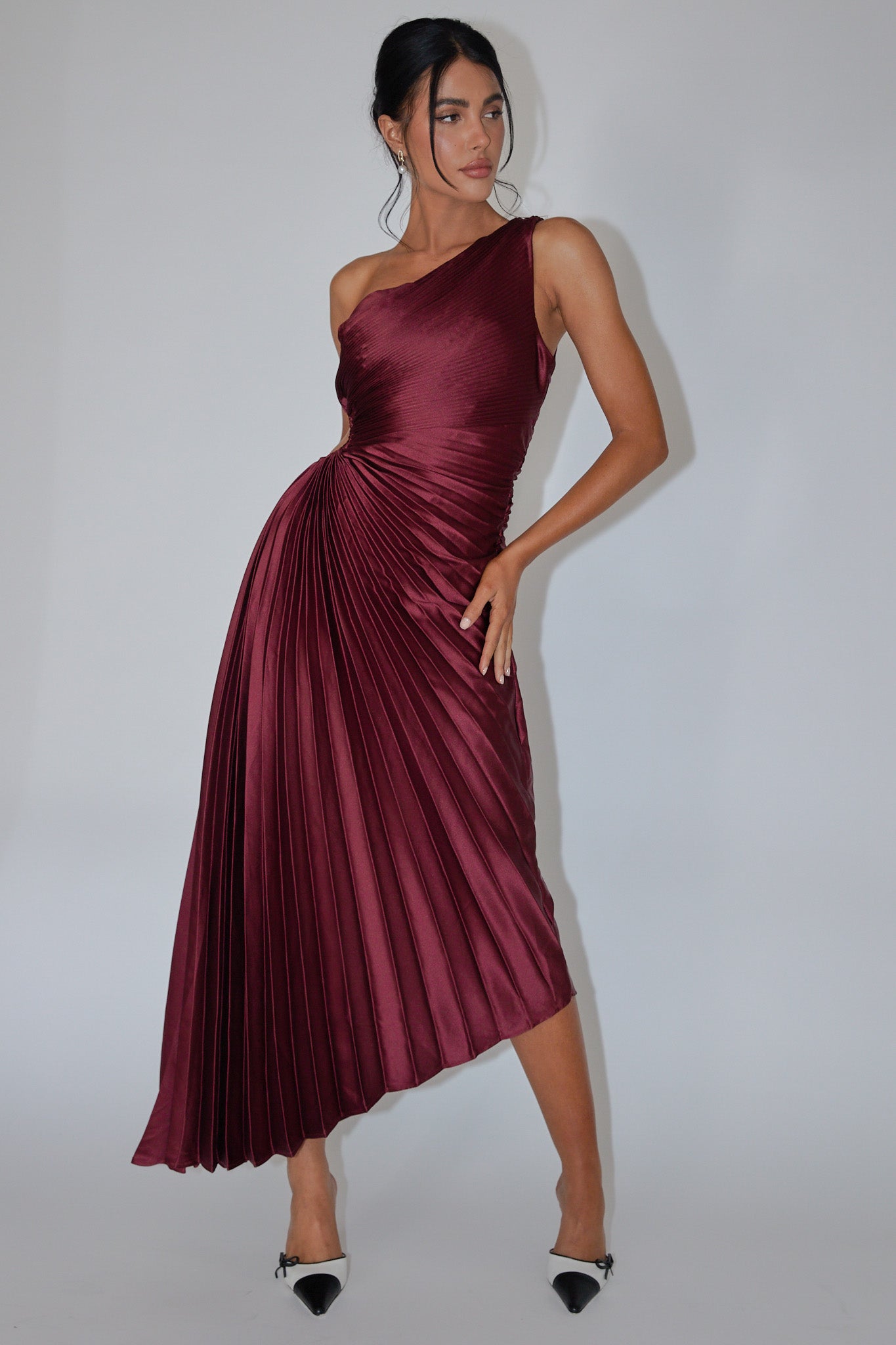 Brooklynn One-Shoulder Accordion Pleat Dress Wine-Fable Dress