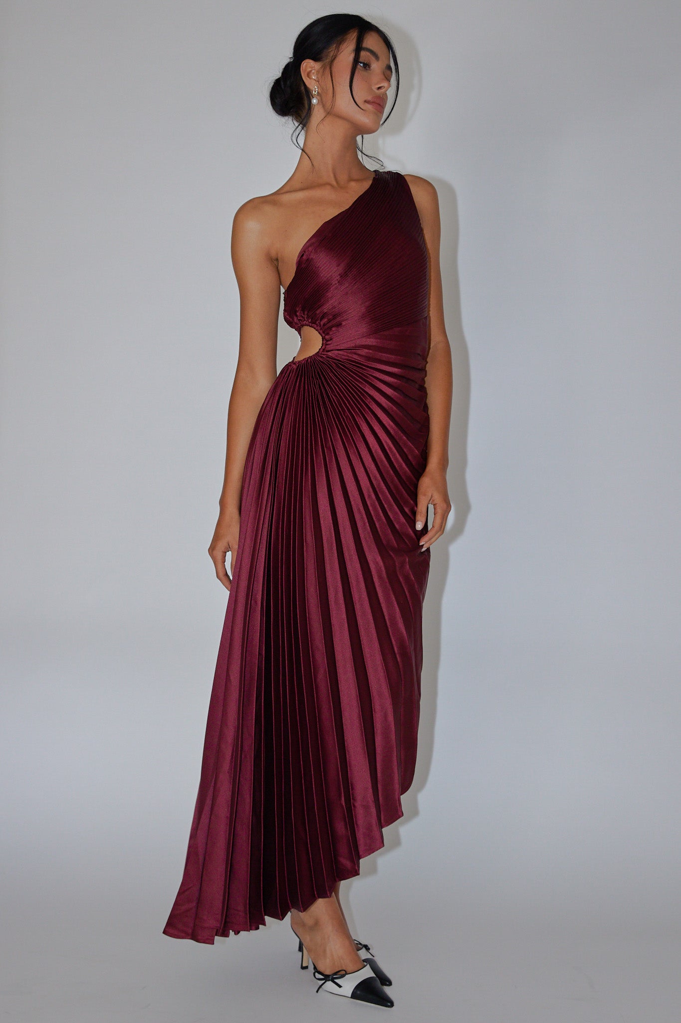 Brooklynn One-Shoulder Accordion Pleat Dress Wine-Fable Dress