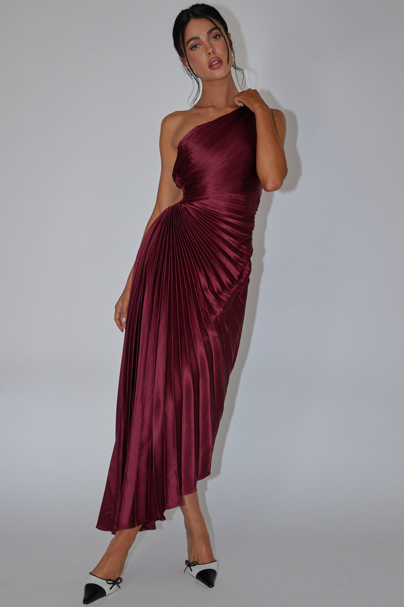 Brooklynn One-Shoulder Accordion Pleat Dress Wine-Fable Dress