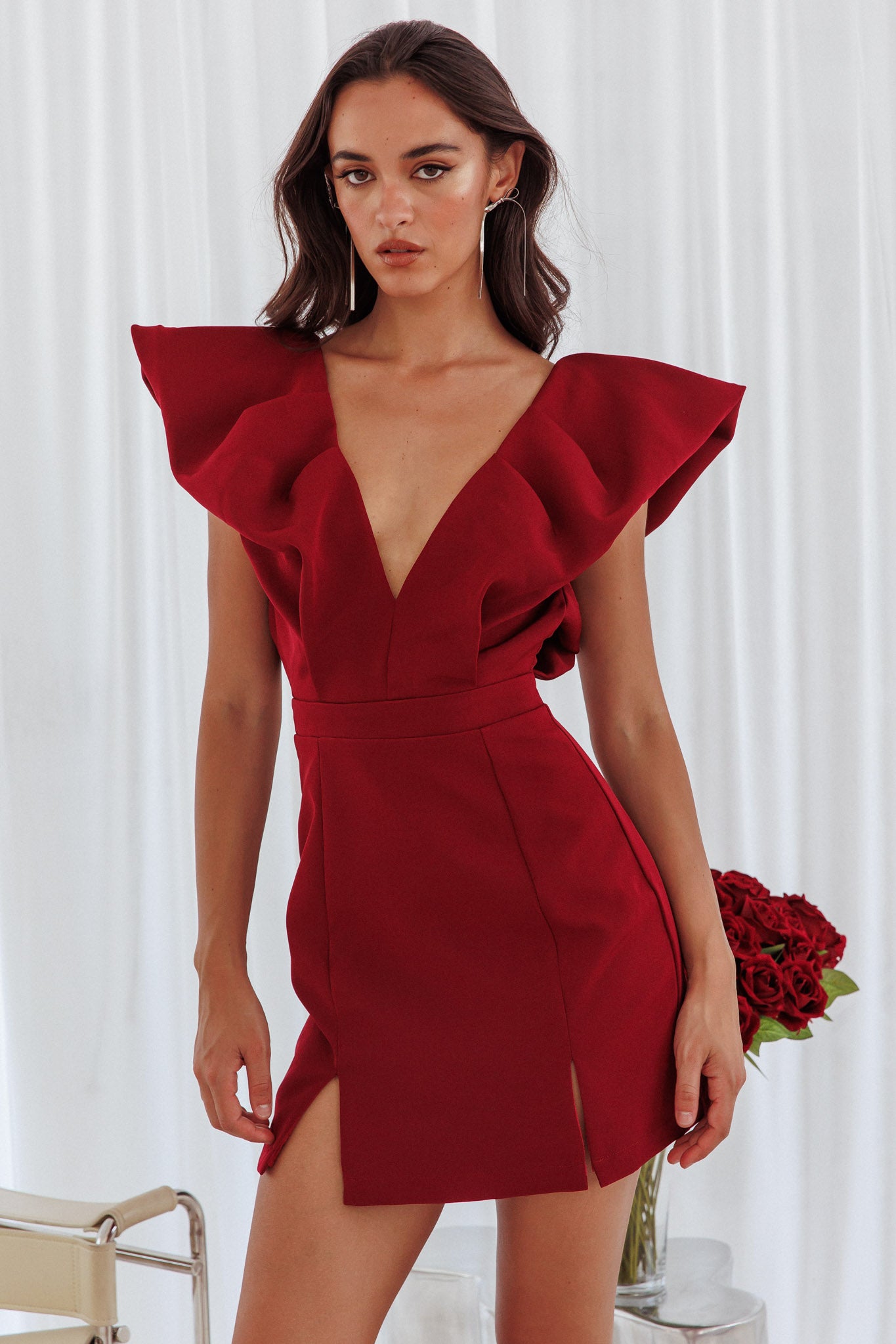 Liardon Bubble Sleeve V-Neckline Mini Dress Wine-Fable Dress