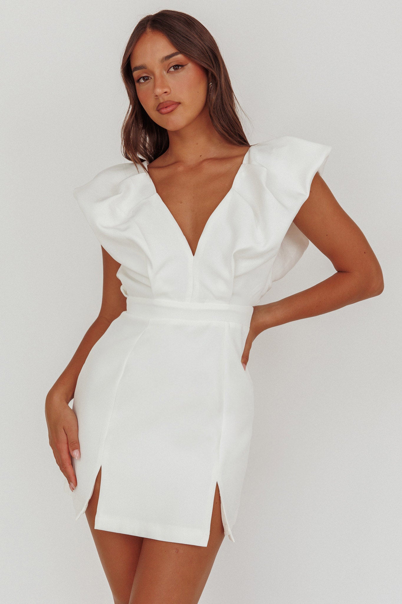 Liardon Bubble Sleeve V-Neckline Mini Dress White-Fable Dress