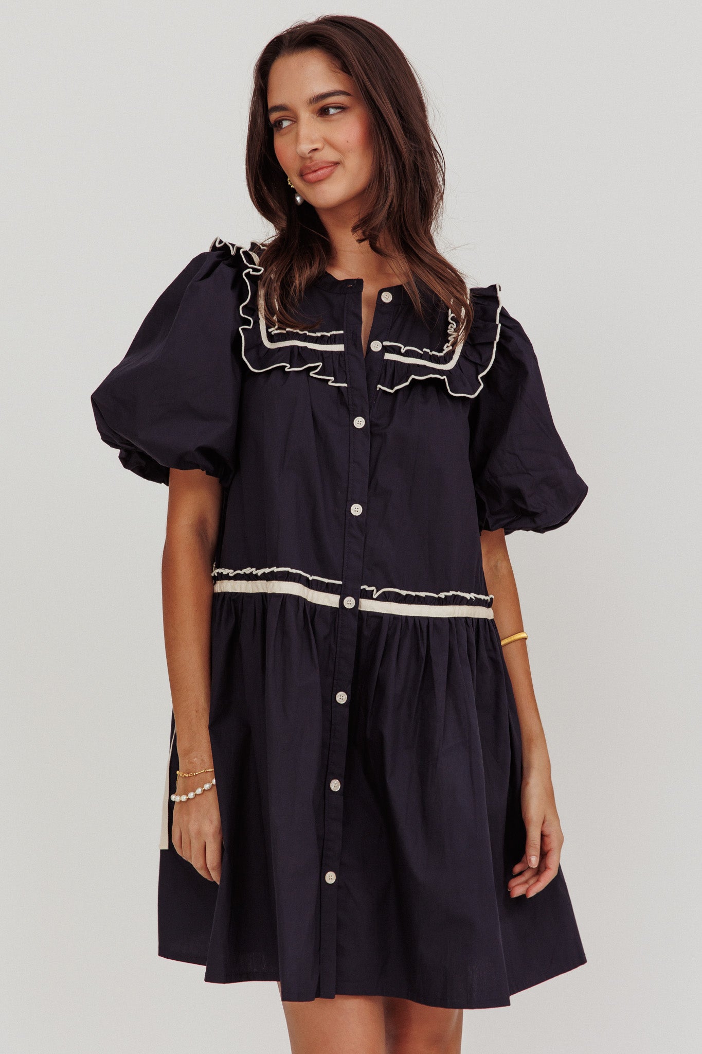 Late Spring Puff Sleeves Ruffle Mini Dress Navy-Fable Dress