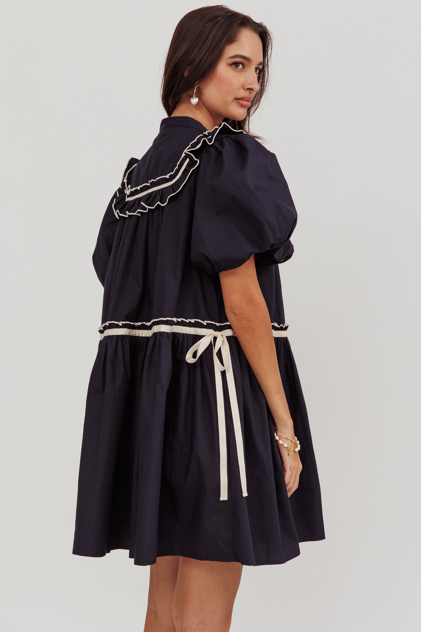 Late Spring Puff Sleeves Ruffle Mini Dress Navy-Fable Dress