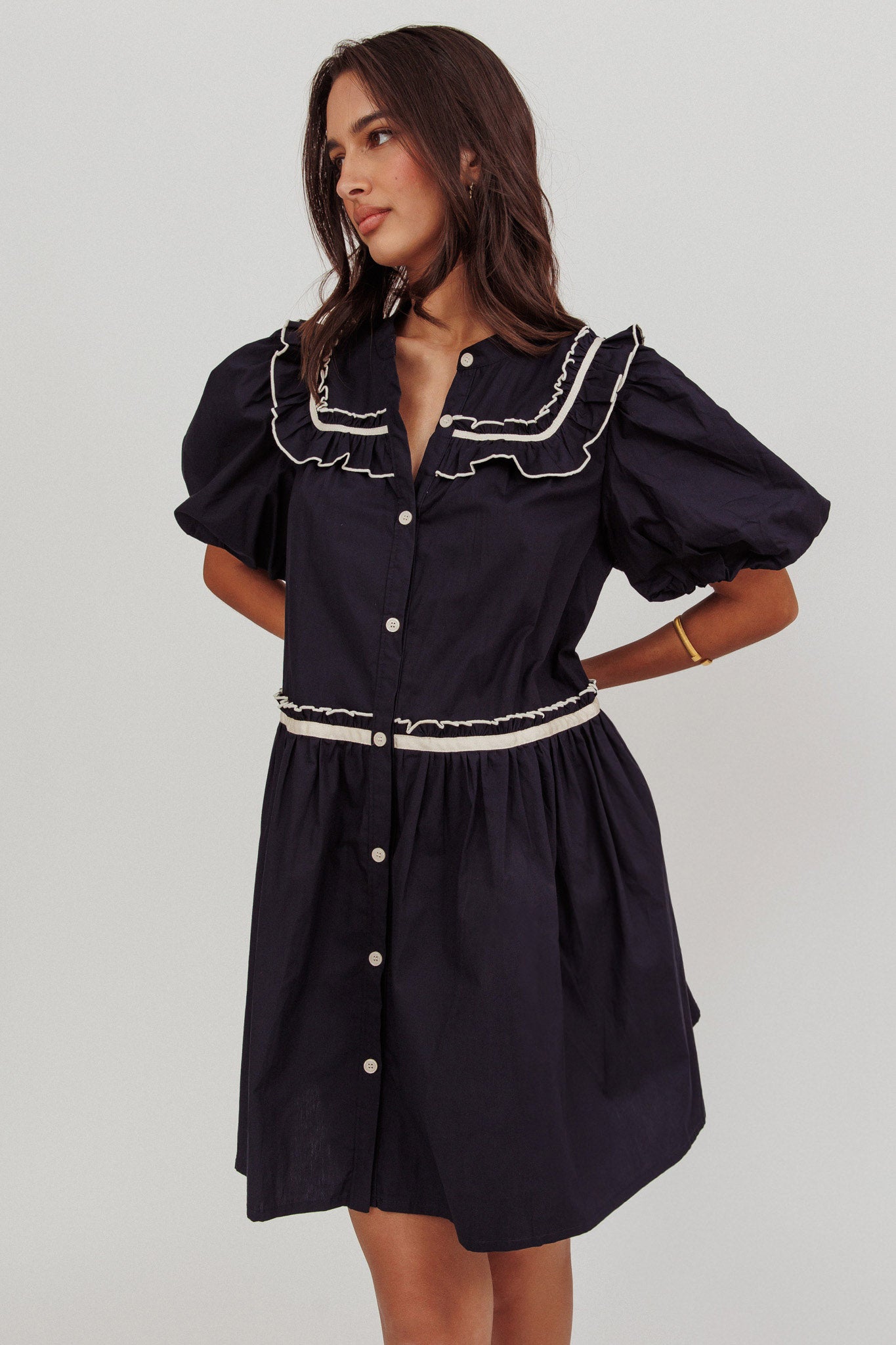 Late Spring Puff Sleeves Ruffle Mini Dress Navy-Fable Dress