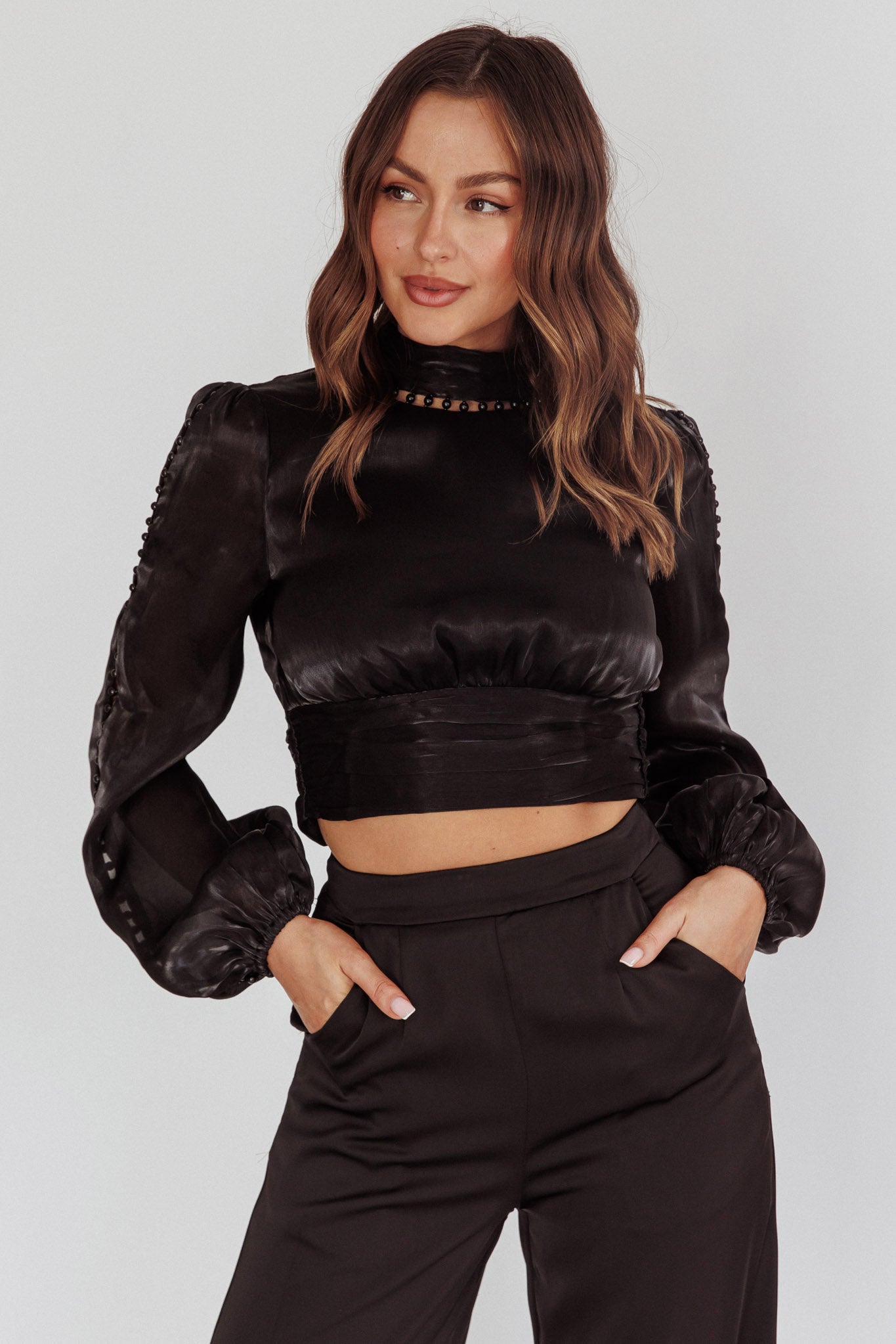 Caia Pearl Detail Open Back Top Black-Fable Dress