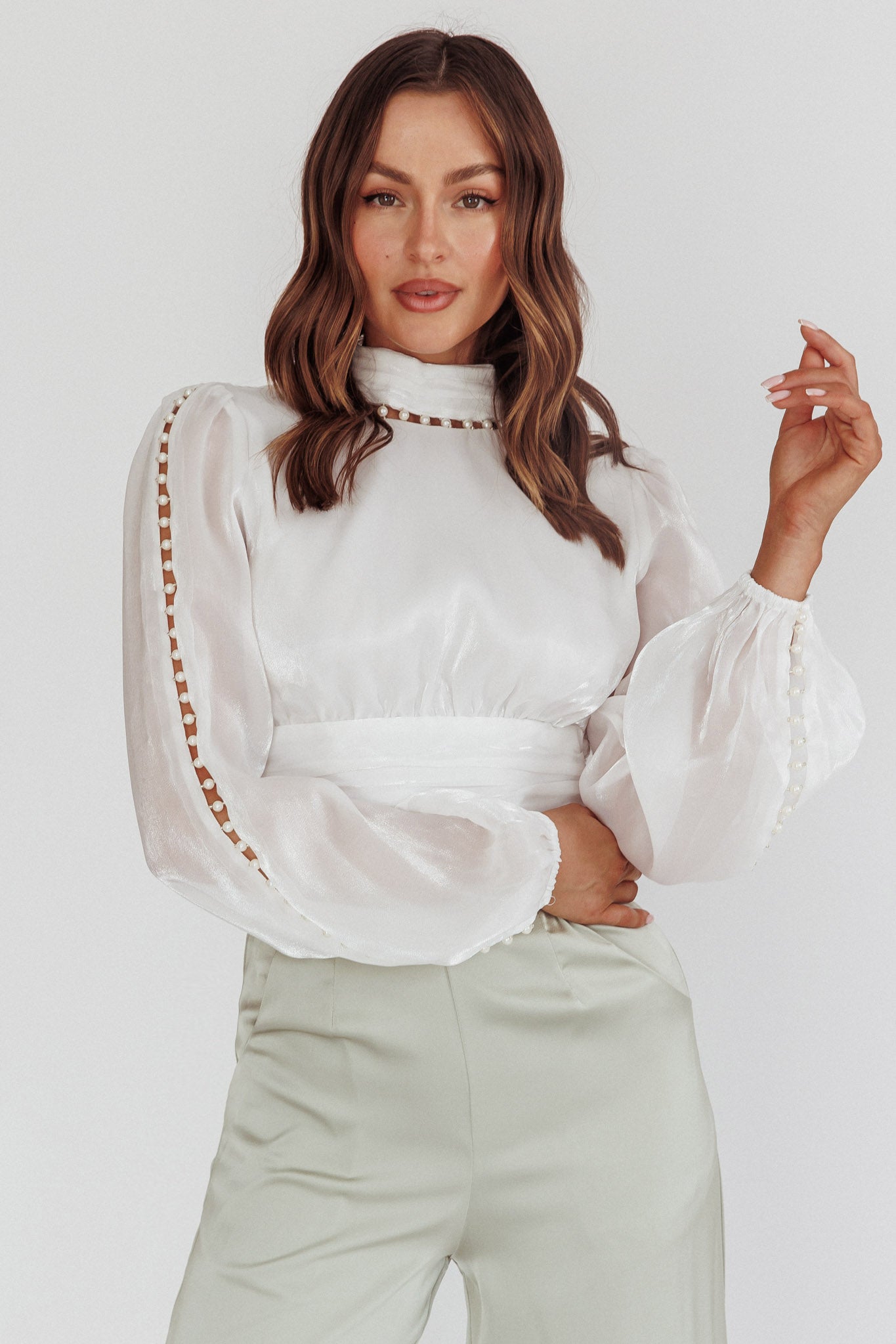 Caia Pearl Detail Open Back Top White-Fable Dress